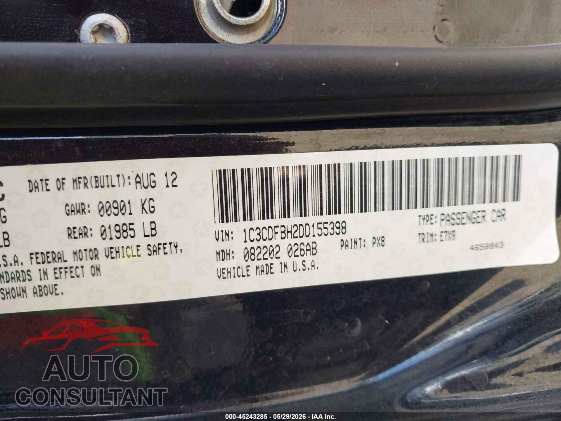 DODGE DART 2013 - 1C3CDFBH2DD155398