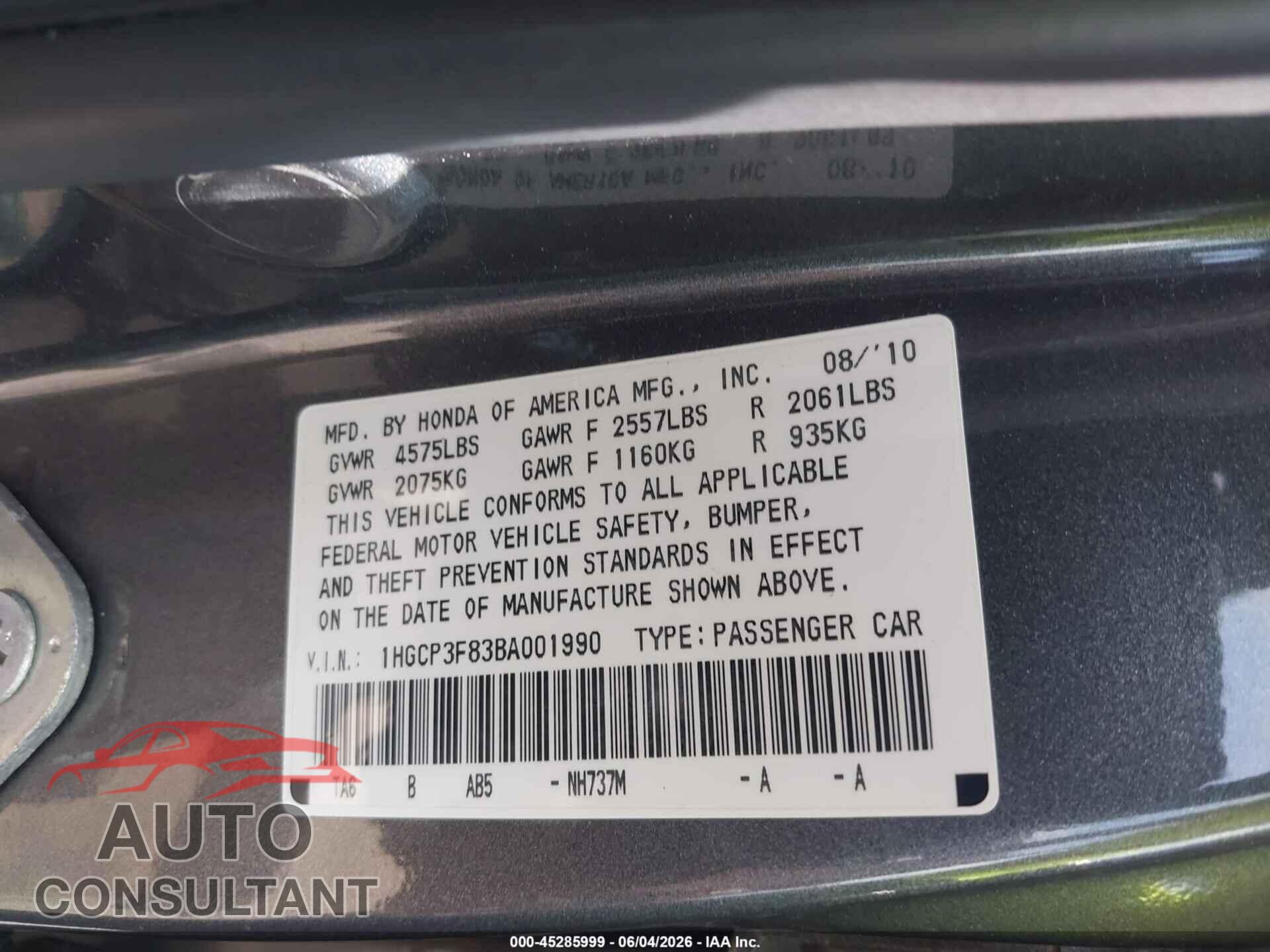 HONDA ACCORD 2011 - 1HGCP3F83BA001990