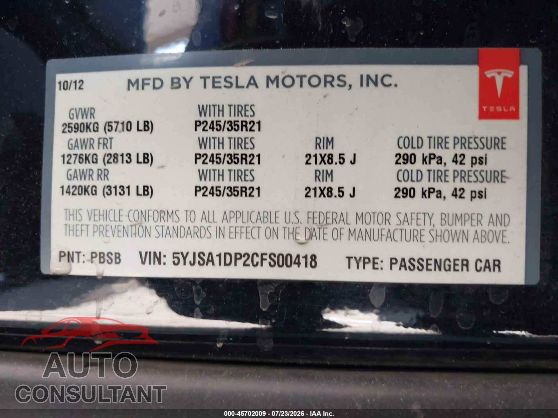 TESLA MODEL S 2012 - 5YJSA1DP2CFS00418