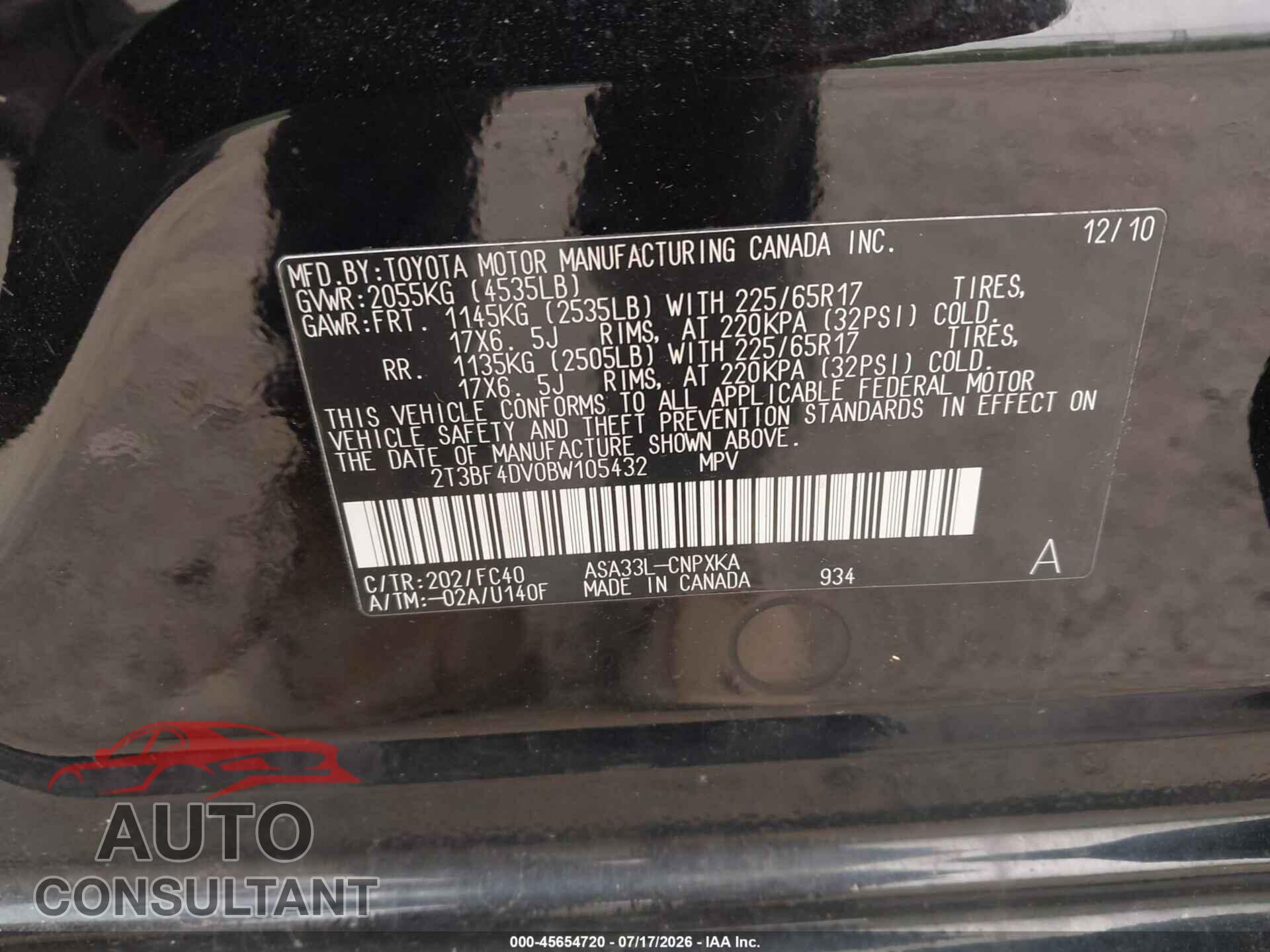 TOYOTA RAV4 2011 - 2T3BF4DV0BW105432