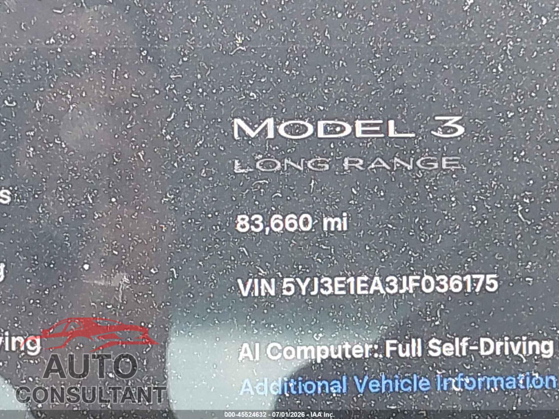 TESLA MODEL 3 2018 - 5YJ3E1EA3JF036175