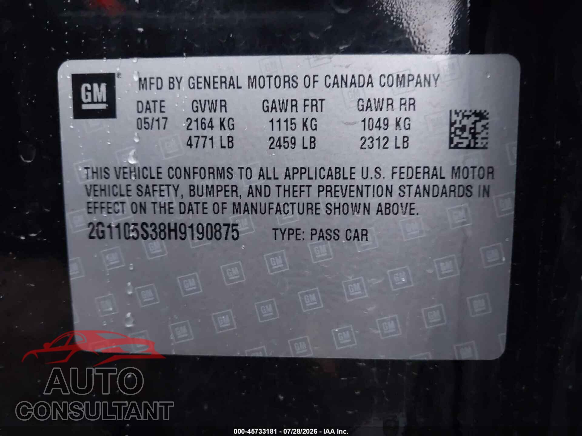 CHEVROLET IMPALA 2017 - 2G1105S38H9190875