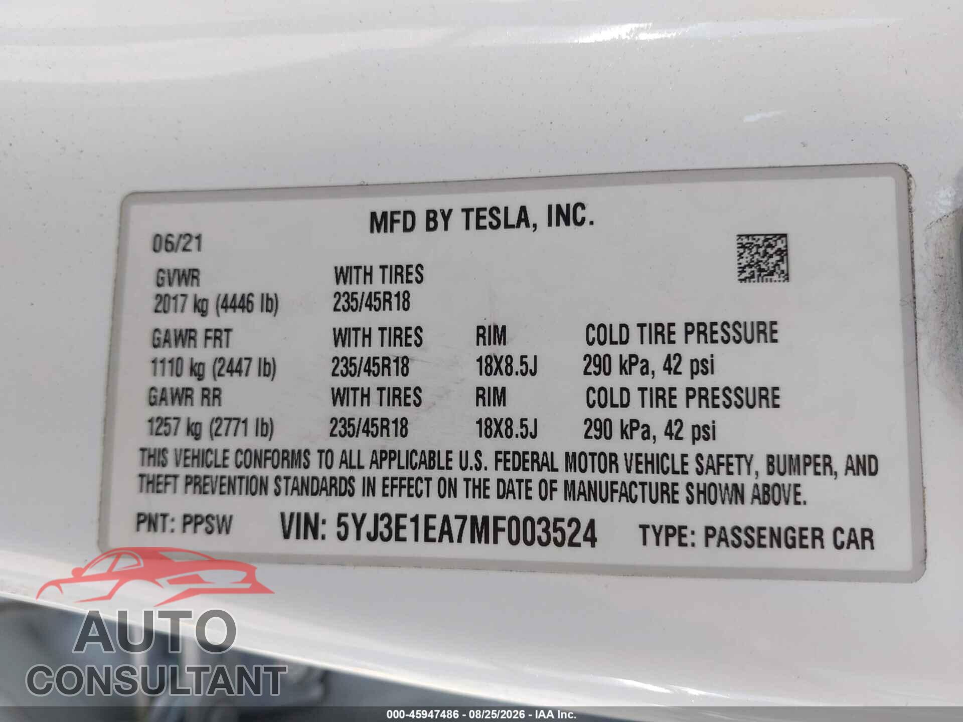 TESLA MODEL 3 2021 - 5YJ3E1EA7MF003524