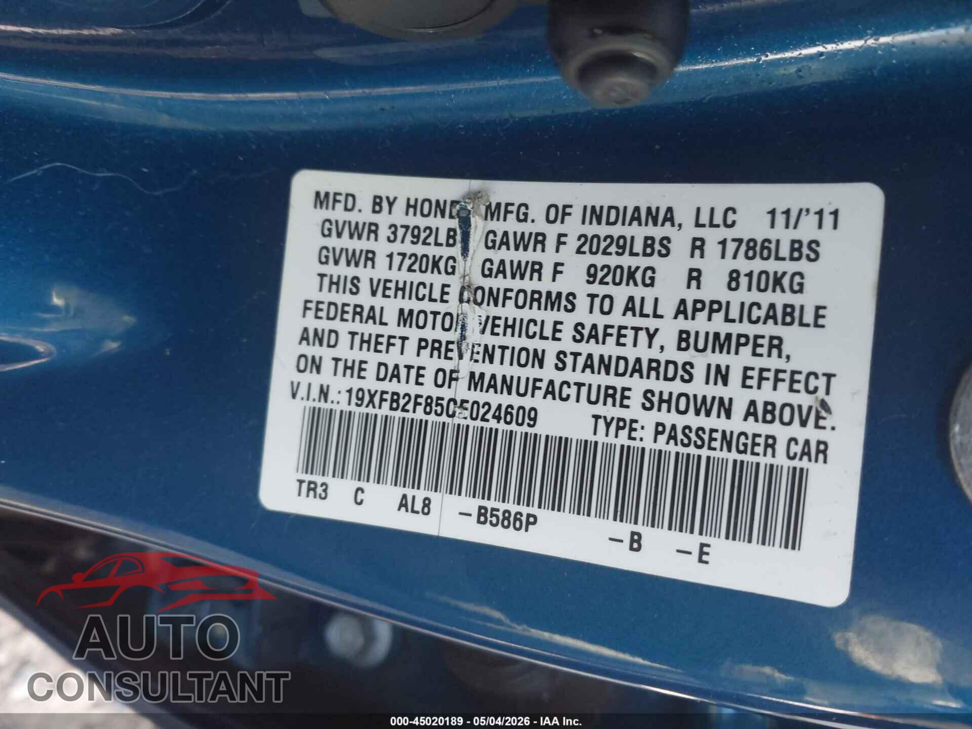 HONDA CIVIC 2012 - 19XFB2F85CE024609