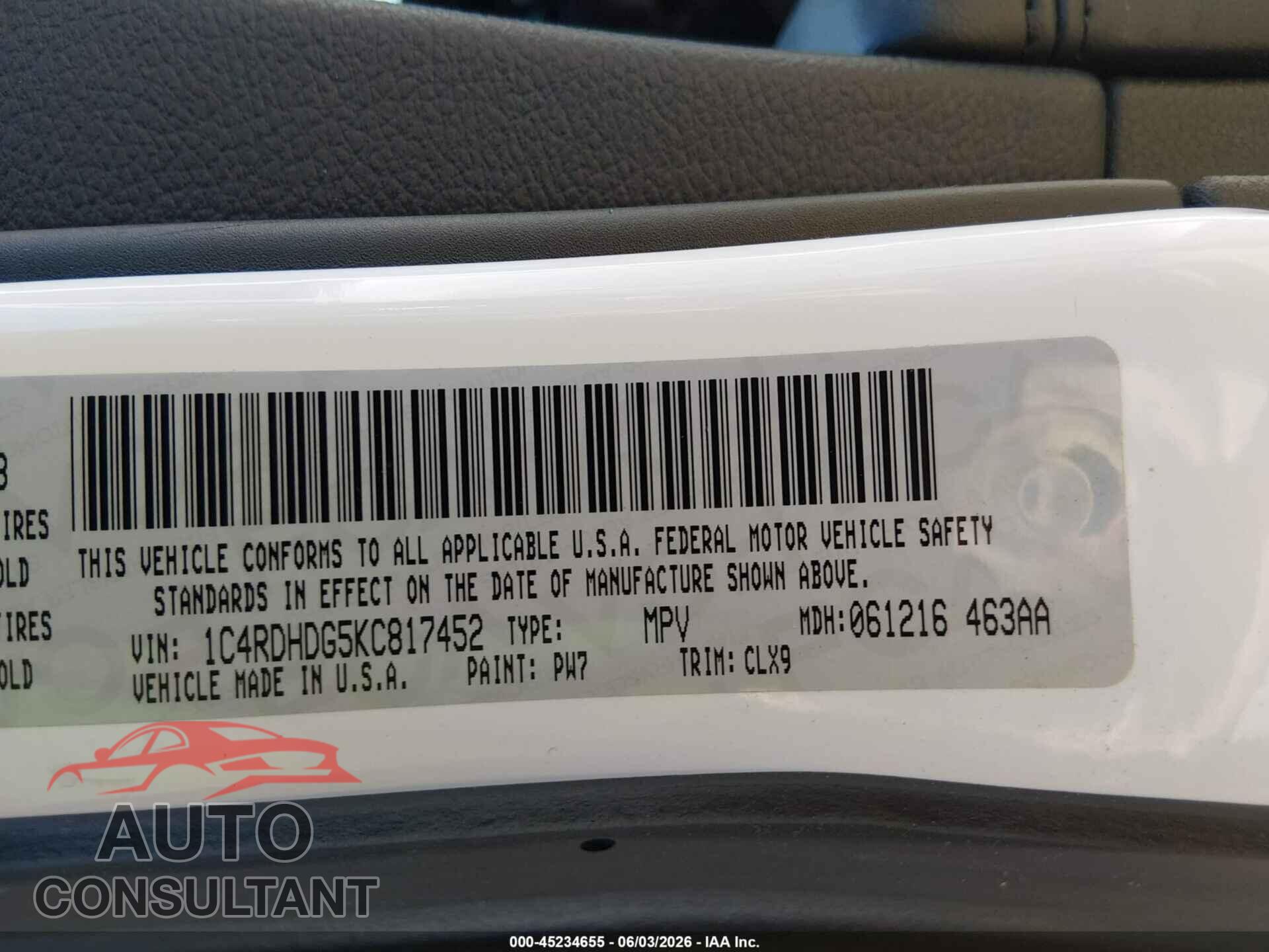 DODGE DURANGO 2019 - 1C4RDHDG5KC817452