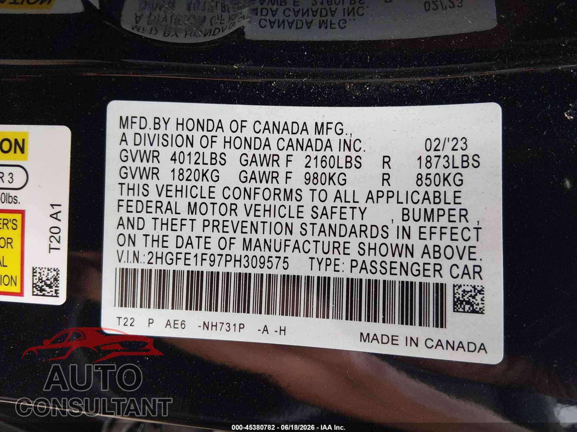 HONDA CIVIC 2023 - 2HGFE1F97PH309575
