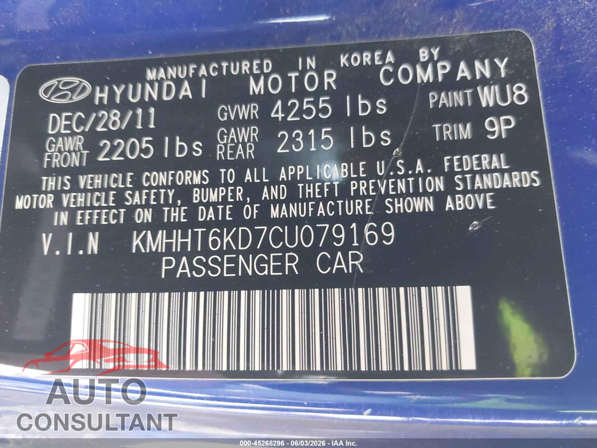 HYUNDAI GENESIS 2012 - KMHHT6KD7CU079169