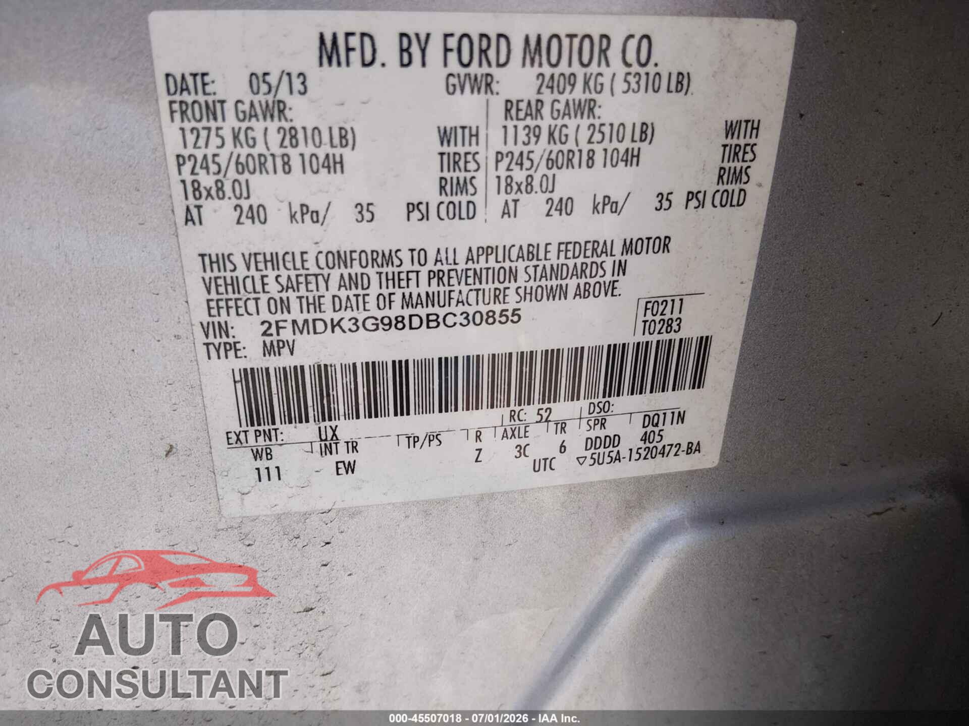 FORD EDGE 2013 - 2FMDK3G98DBC30855