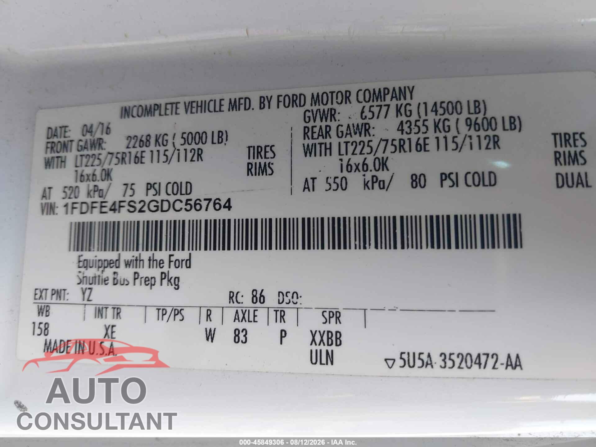 FORD E-450 CUTAWAY 2016 - 1FDFE4FS2GDC56764