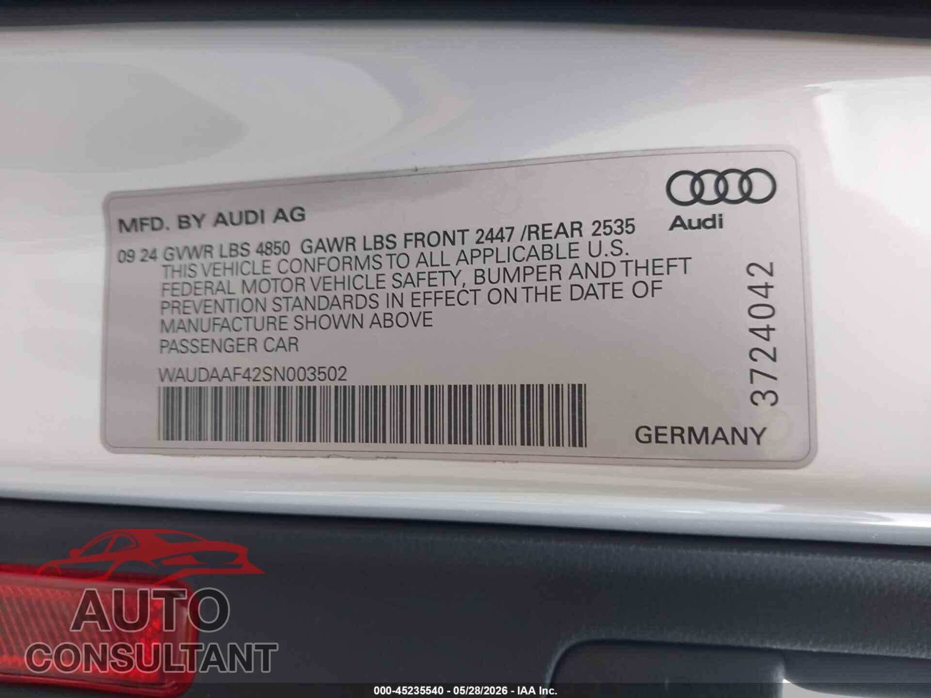 AUDI A4 2025 - WAUDAAF42SN003502