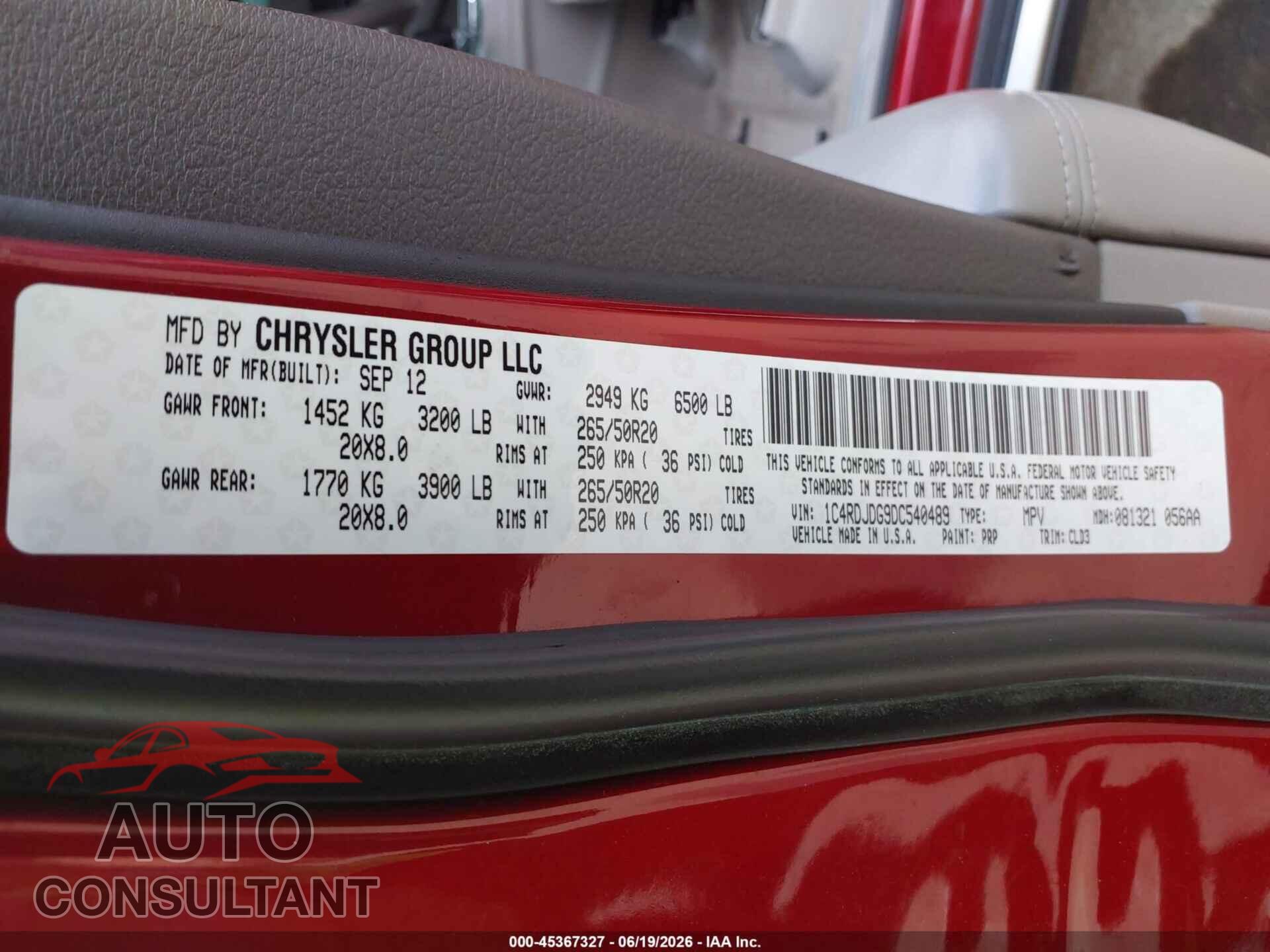 DODGE DURANGO 2013 - 1C4RDJDG9DC540489