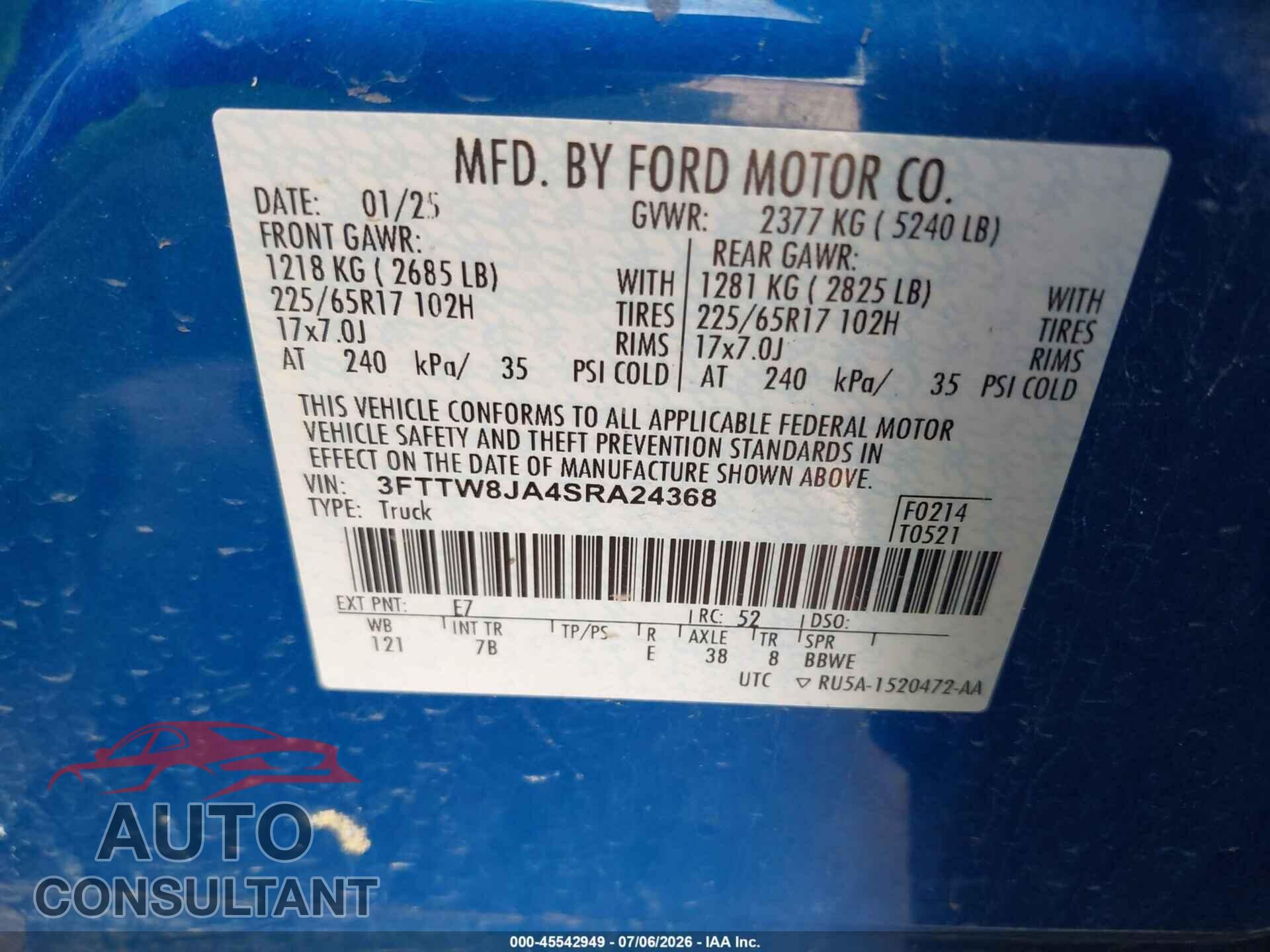 FORD MAVERICK 2025 - 3FTTW8JA4SRA24368