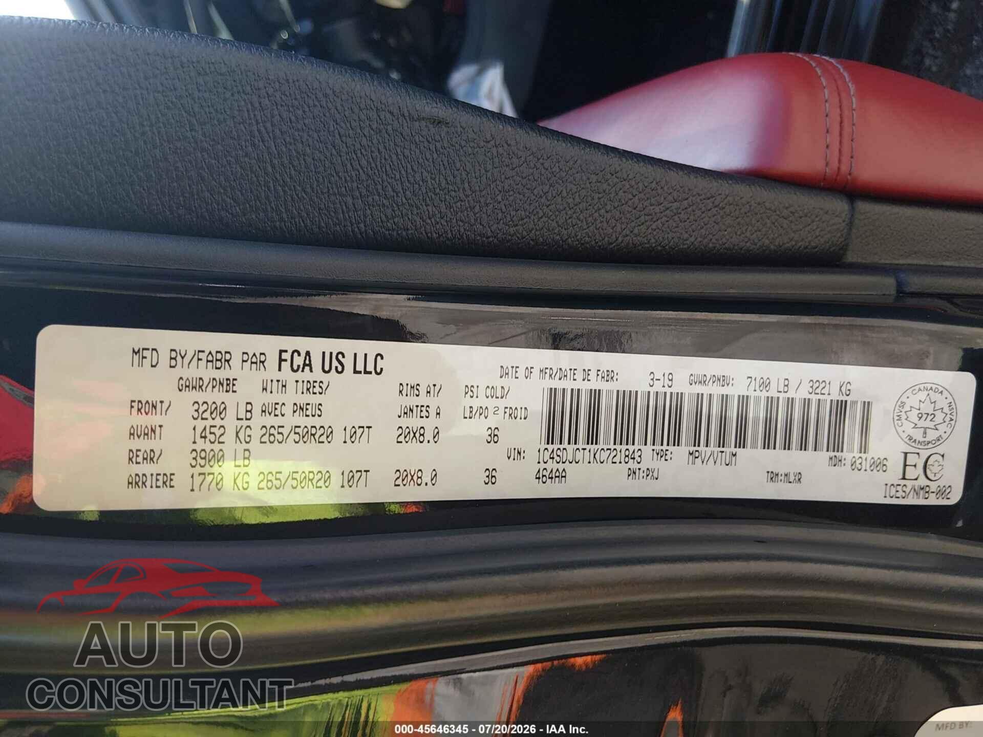 DODGE DURANGO 2019 - 1C4SDJCT1KC721843