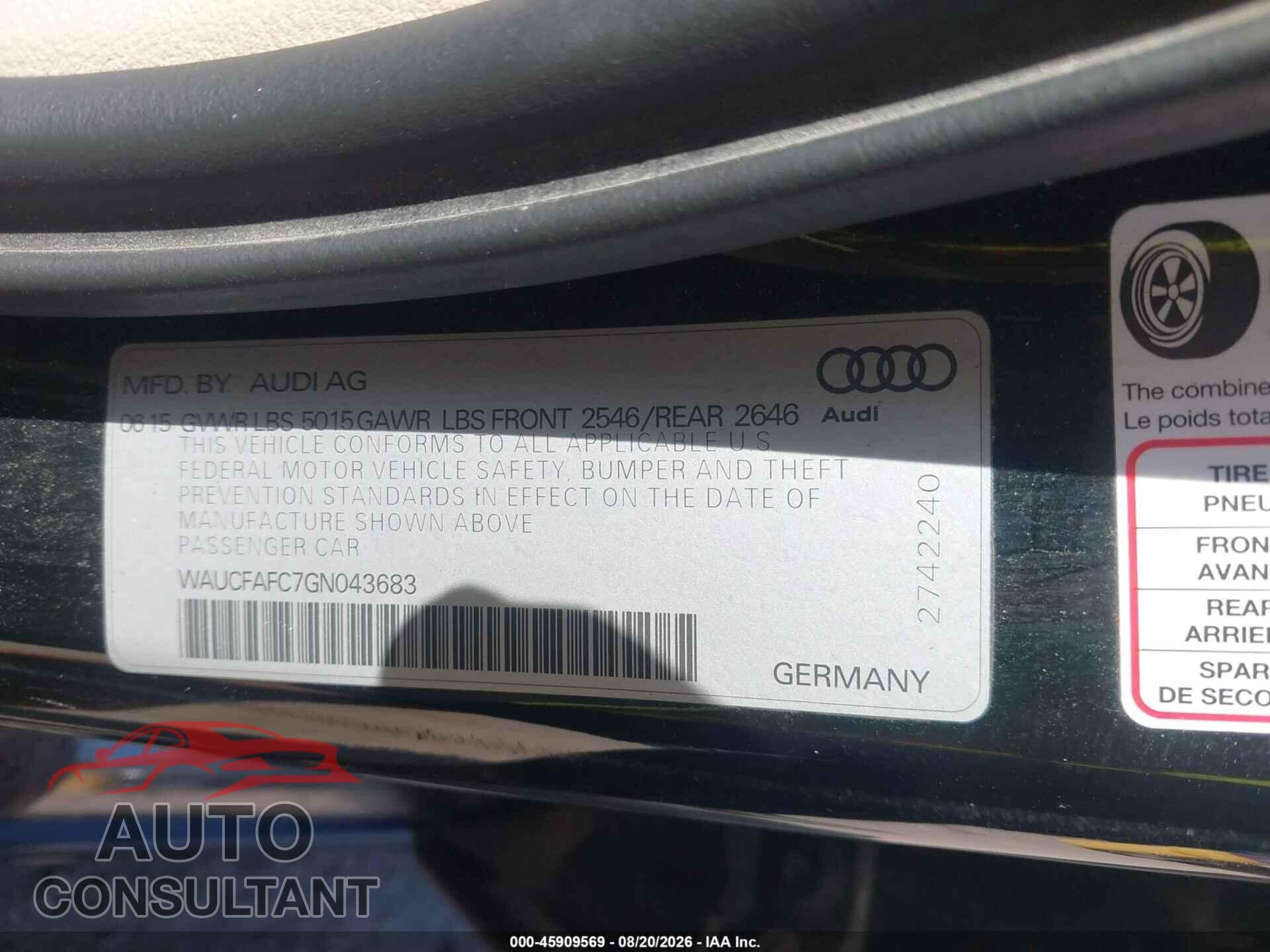 AUDI A6 2016 - WAUCFAFC7GN043683