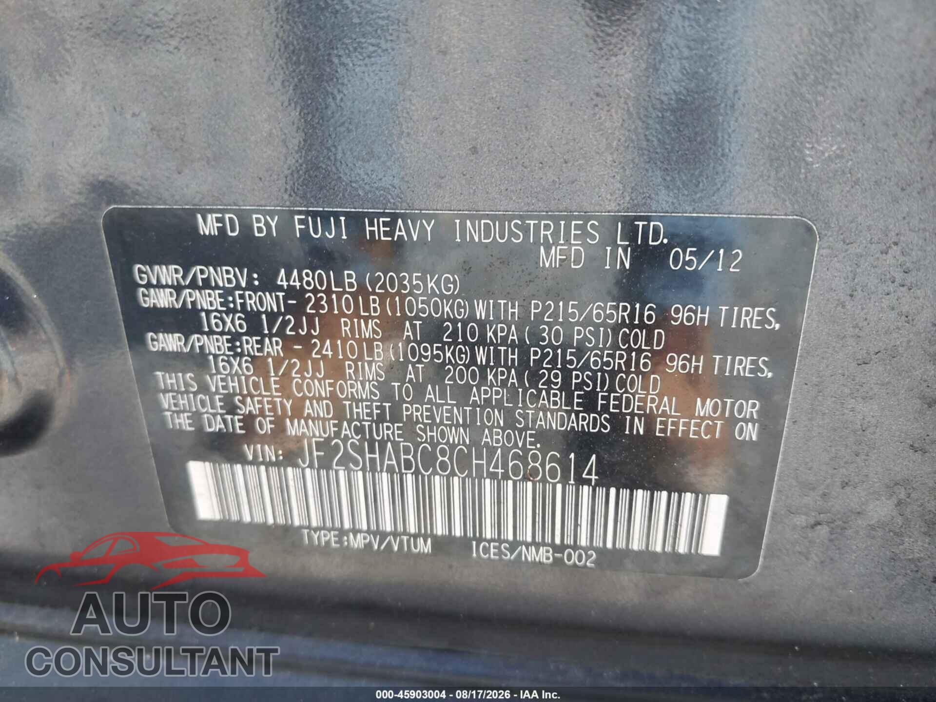 SUBARU FORESTER 2012 - JF2SHABC8CH468614