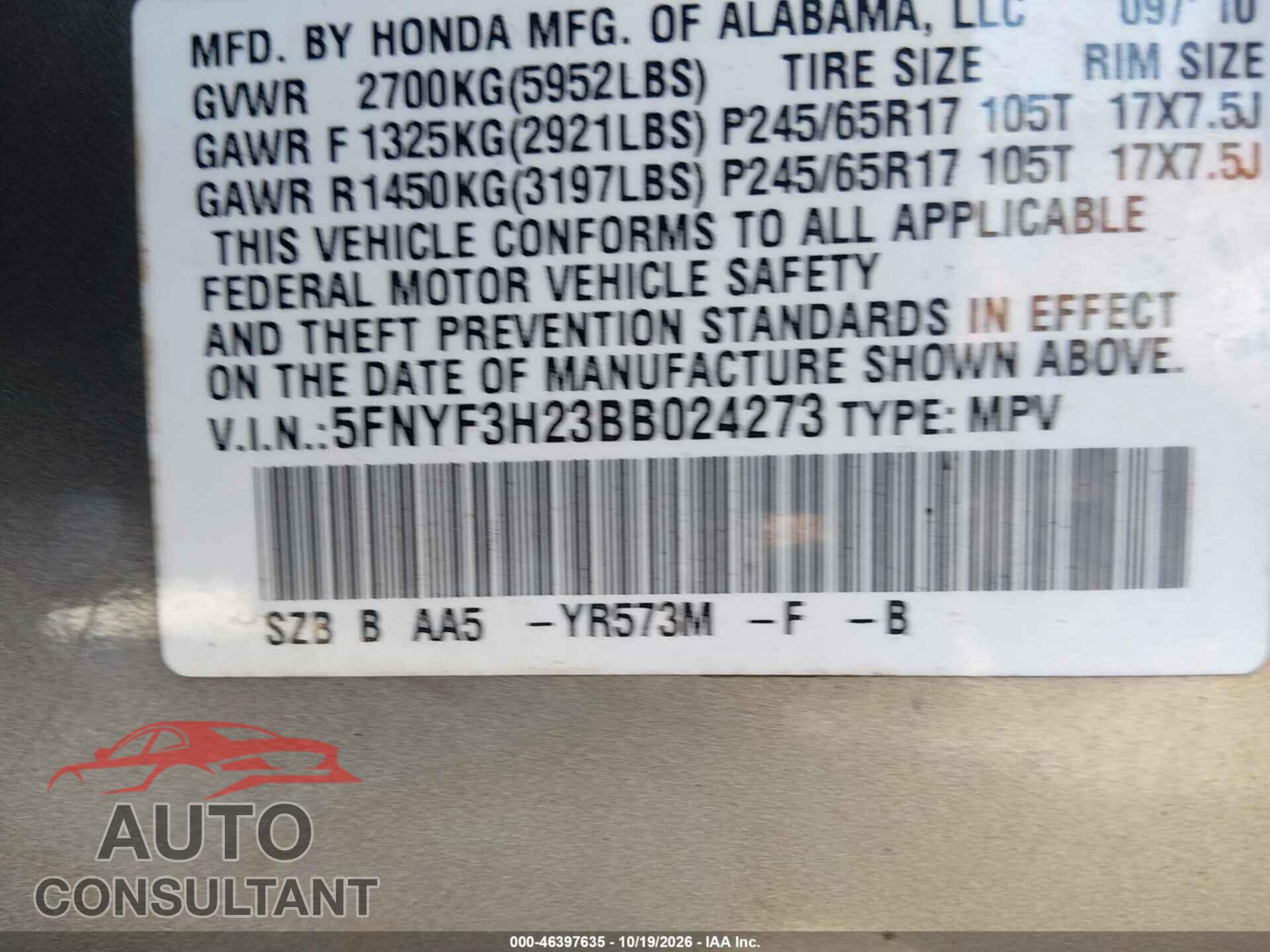 HONDA PILOT 2011 - 5FNYF3H23BB024273