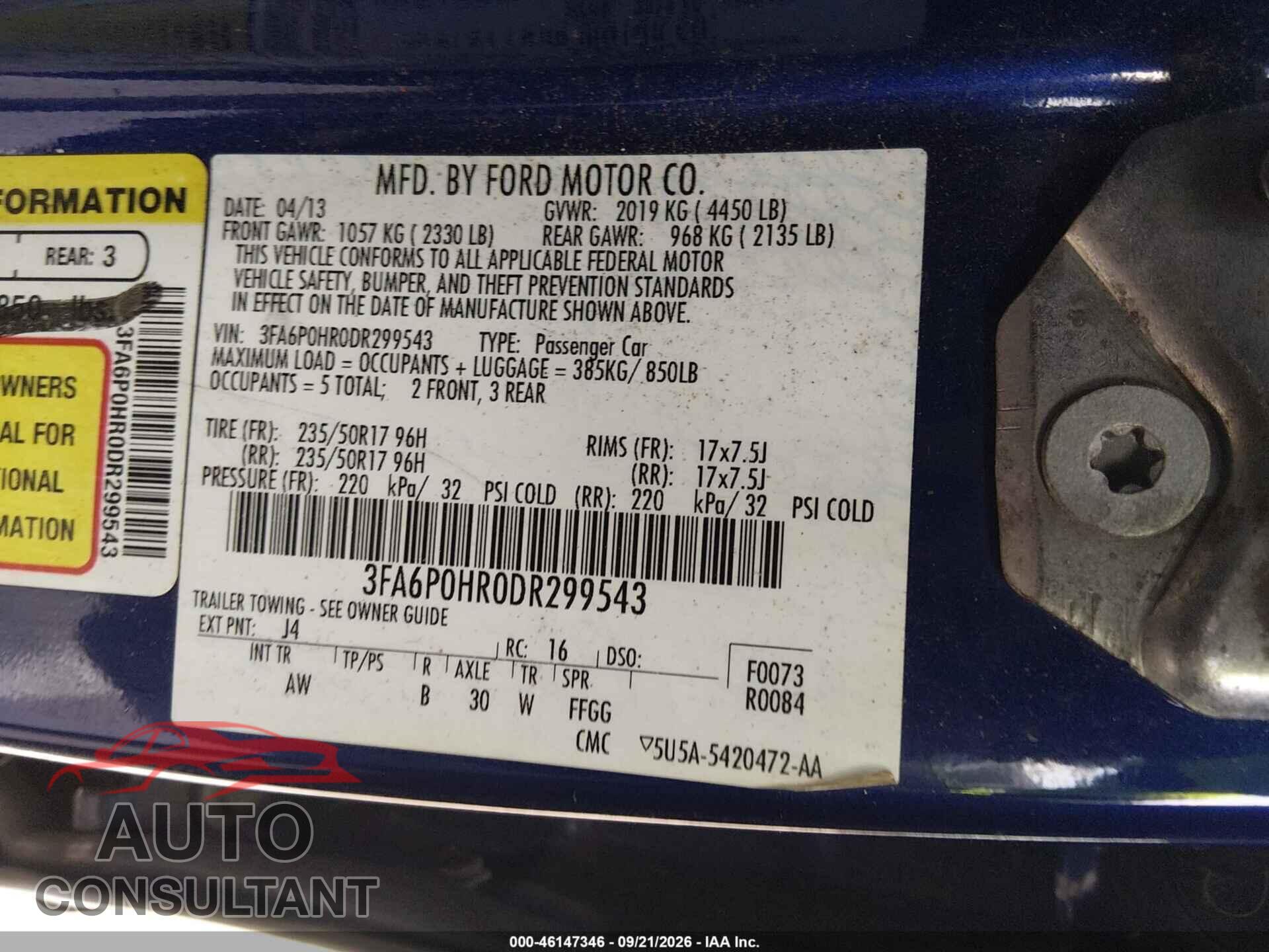 FORD FUSION 2013 - 3FA6P0HR0DR299543