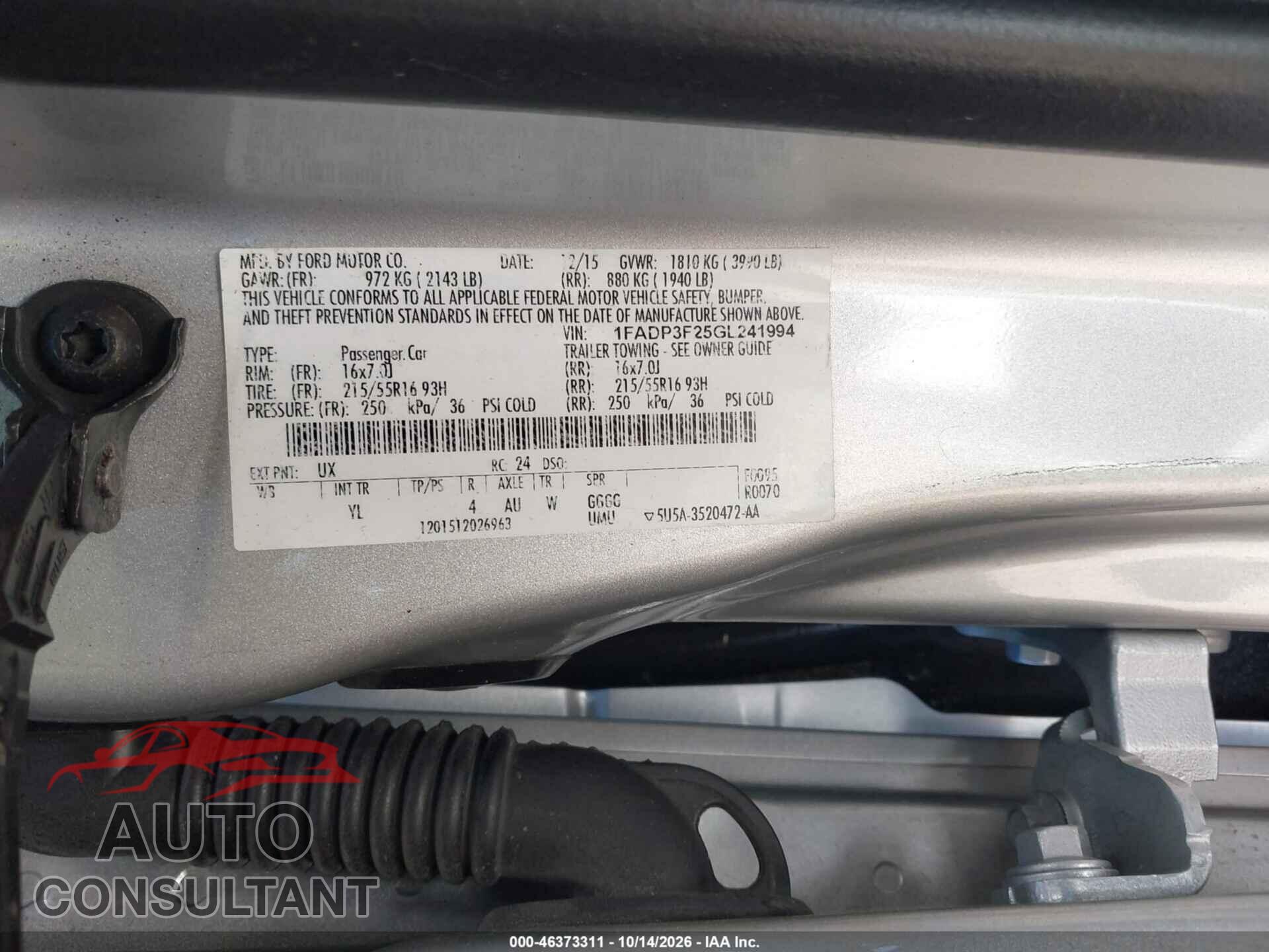 FORD FOCUS 2016 - 1FADP3F25GL241994