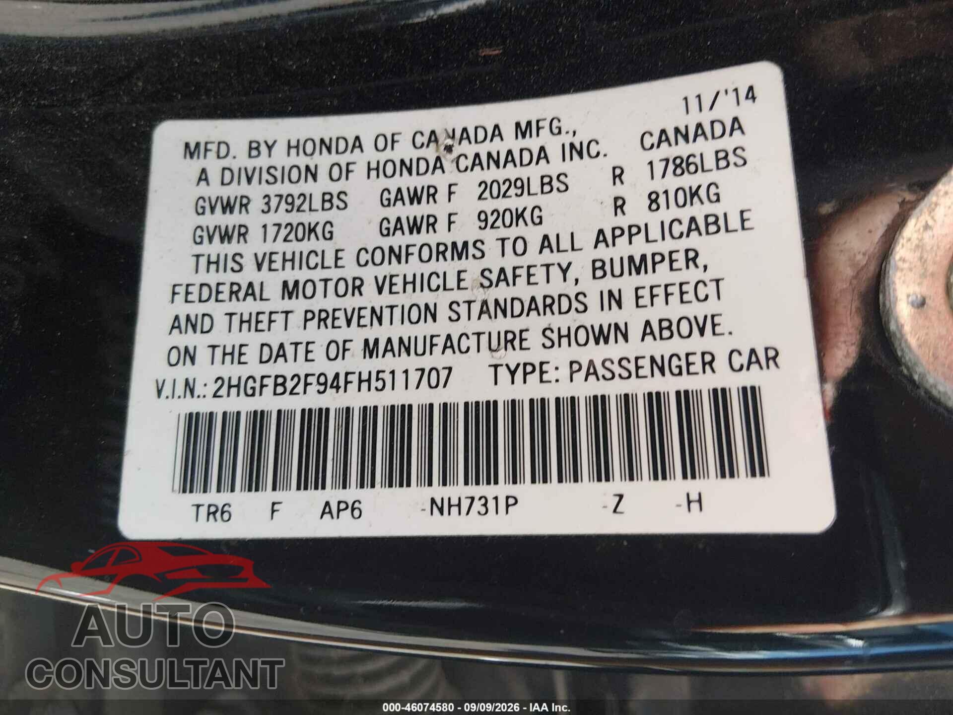 HONDA CIVIC 2015 - 2HGFB2F94FH511707