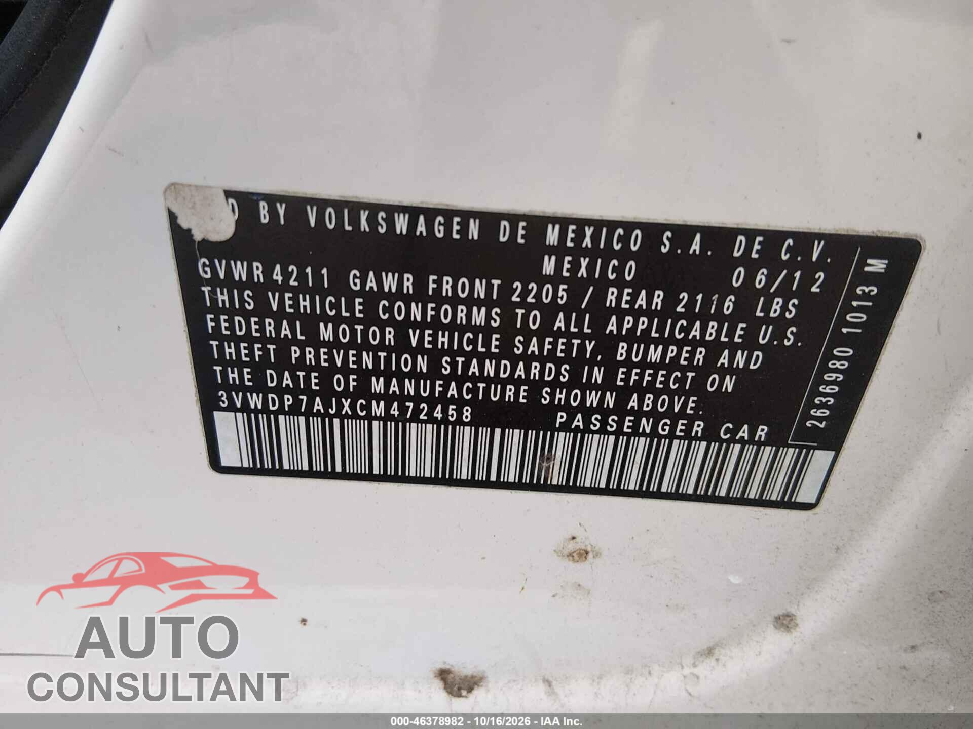 VOLKSWAGEN JETTA 2012 - 3VWDP7AJXCM472458