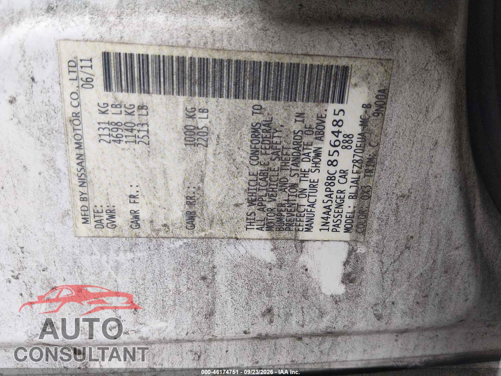 NISSAN MAXIMA 2011 - 1N4AA5AP8BC856485