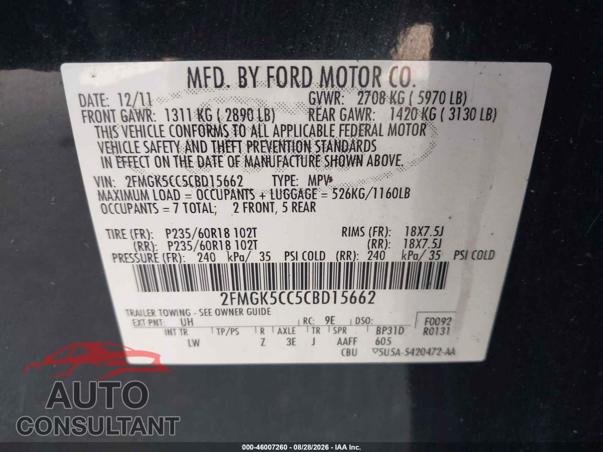 FORD FLEX 2012 - 2FMGK5CC5CBD15662