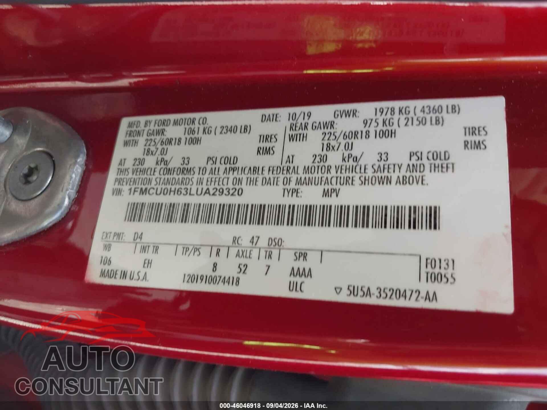 FORD ESCAPE 2020 - 1FMCU0H63LUA29320