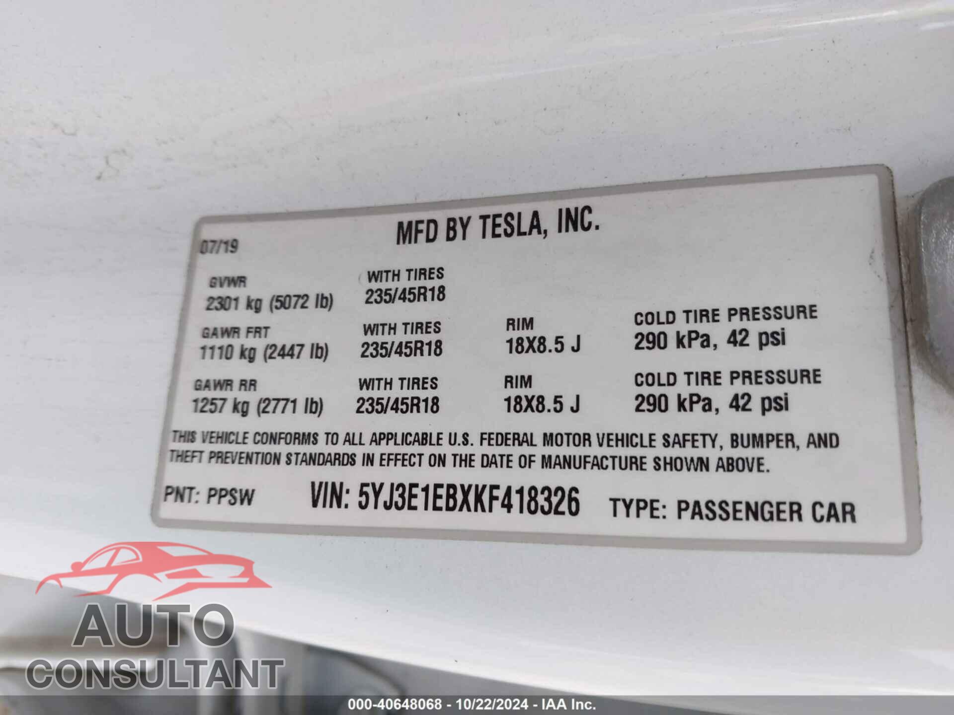 TESLA MODEL 3 2019 - 5YJ3E1EBXKF418326