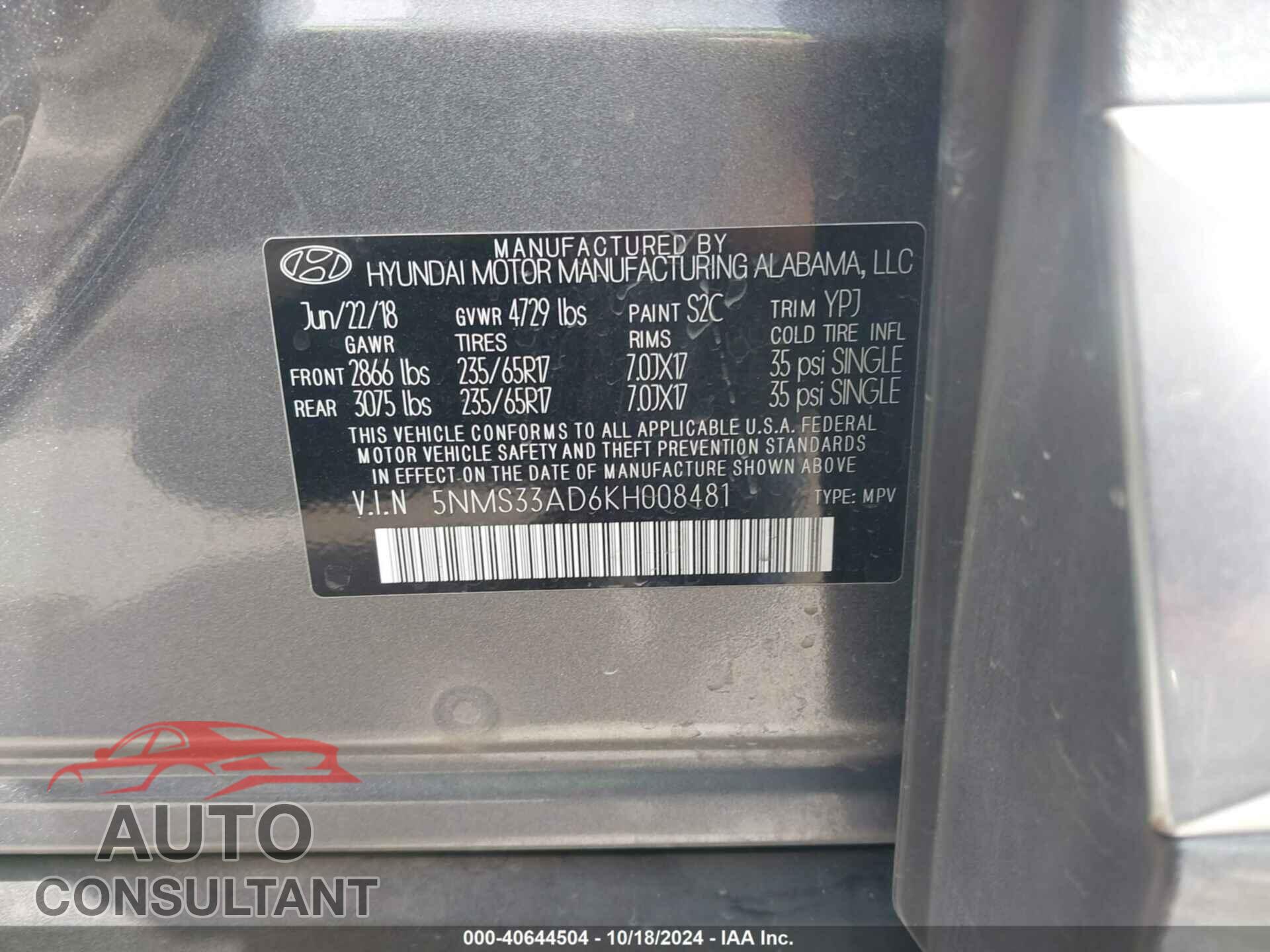 HYUNDAI SANTA FE 2019 - 5NMS33AD6KH008481