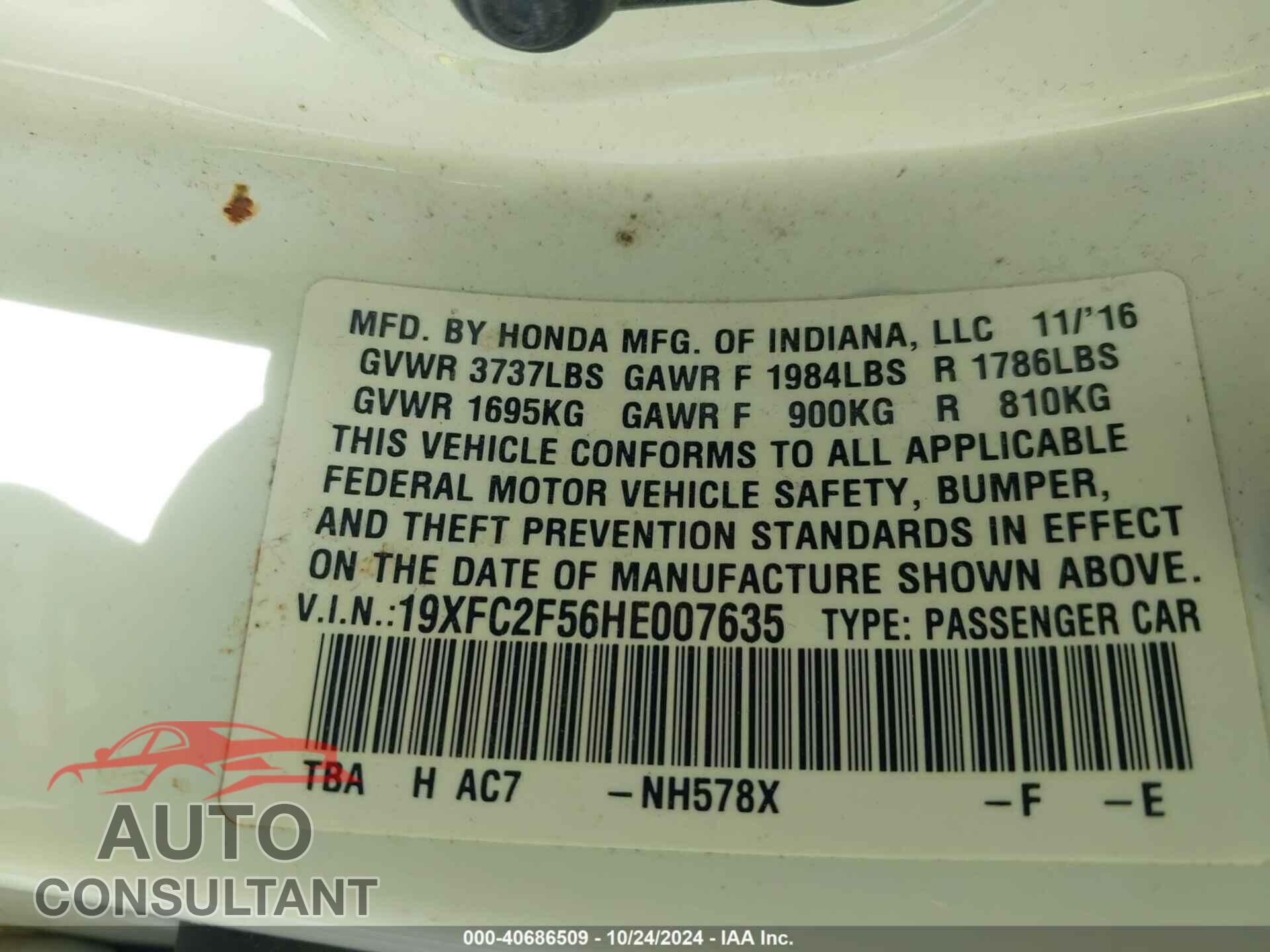HONDA CIVIC 2017 - 19XFC2F56HE007635