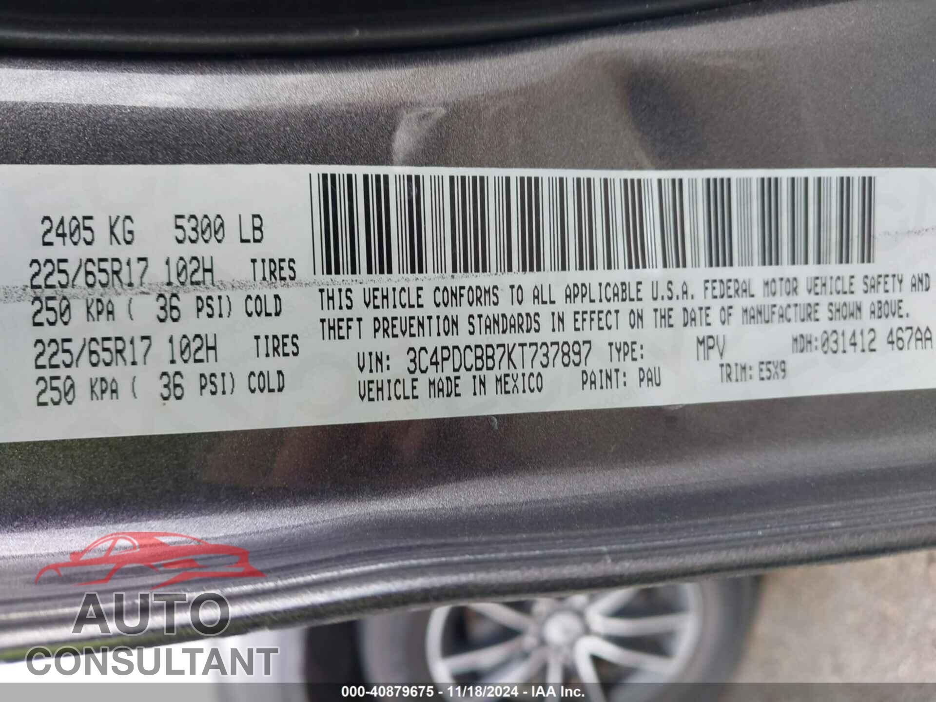 DODGE JOURNEY 2019 - 3C4PDCBB7KT737897