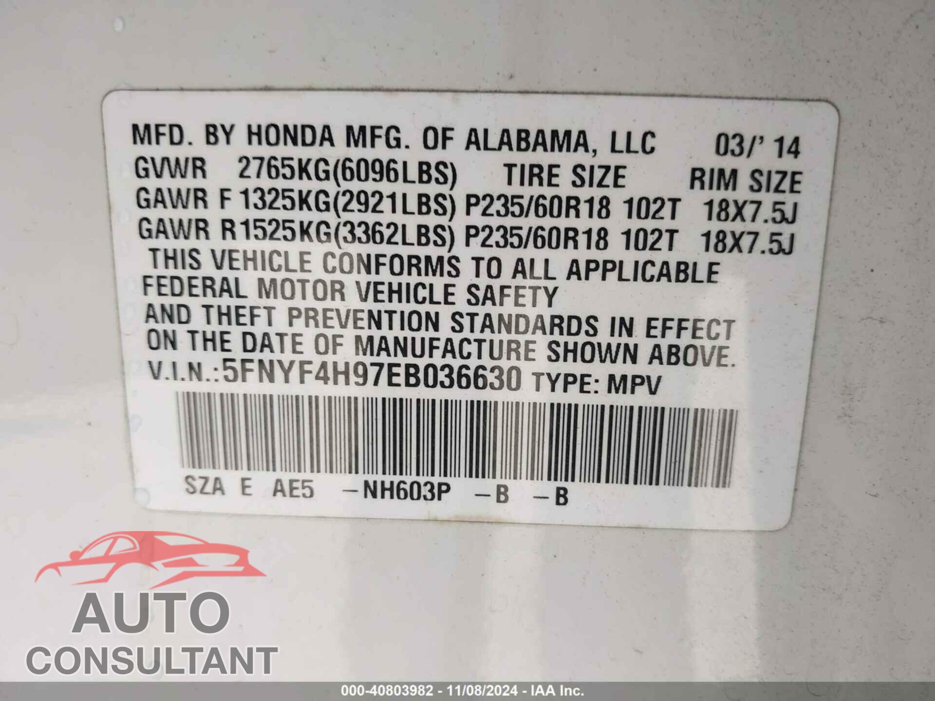 HONDA PILOT 2014 - 5FNYF4H97EB036630