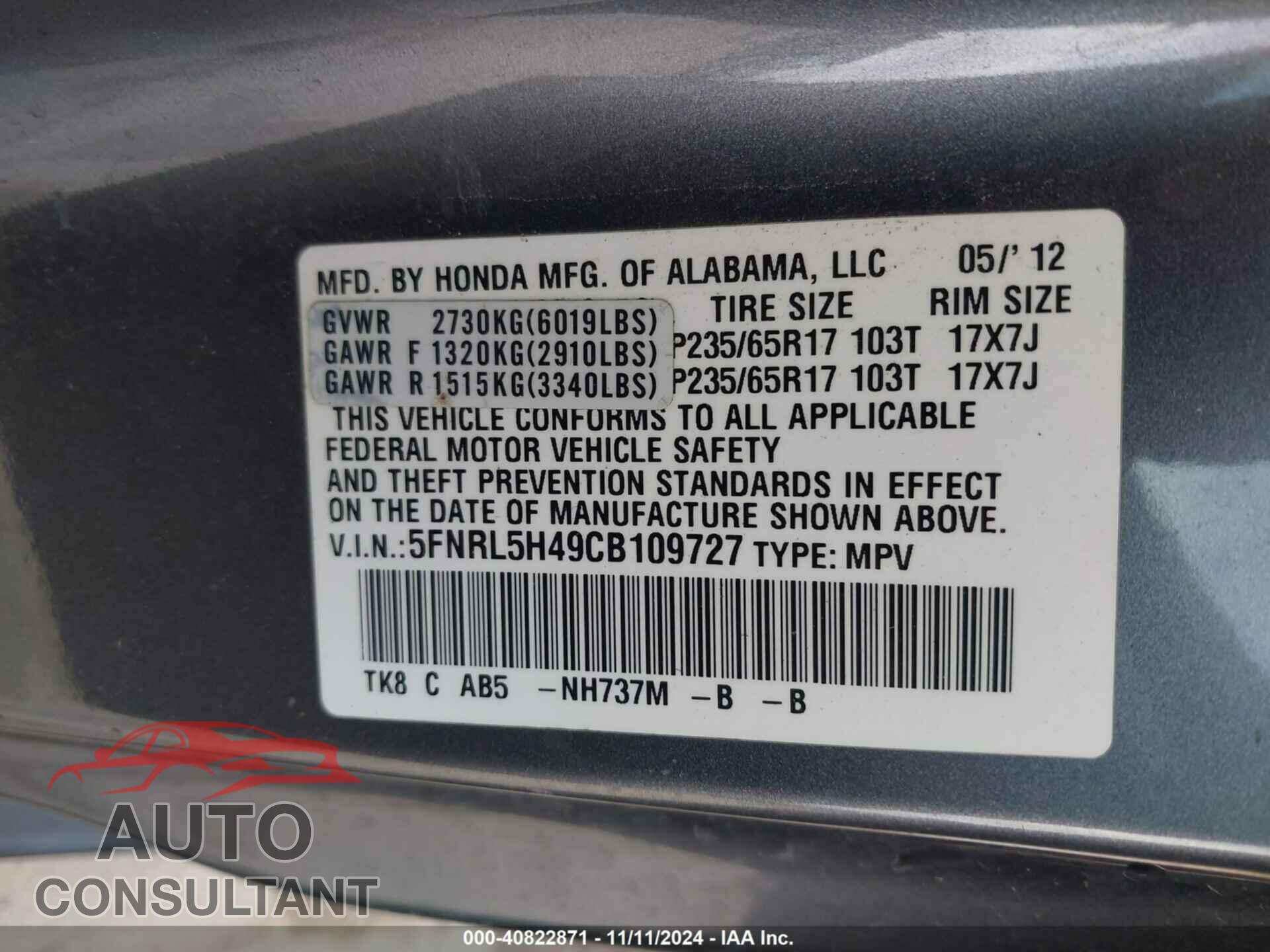 HONDA ODYSSEY 2012 - 5FNRL5H49CB109727