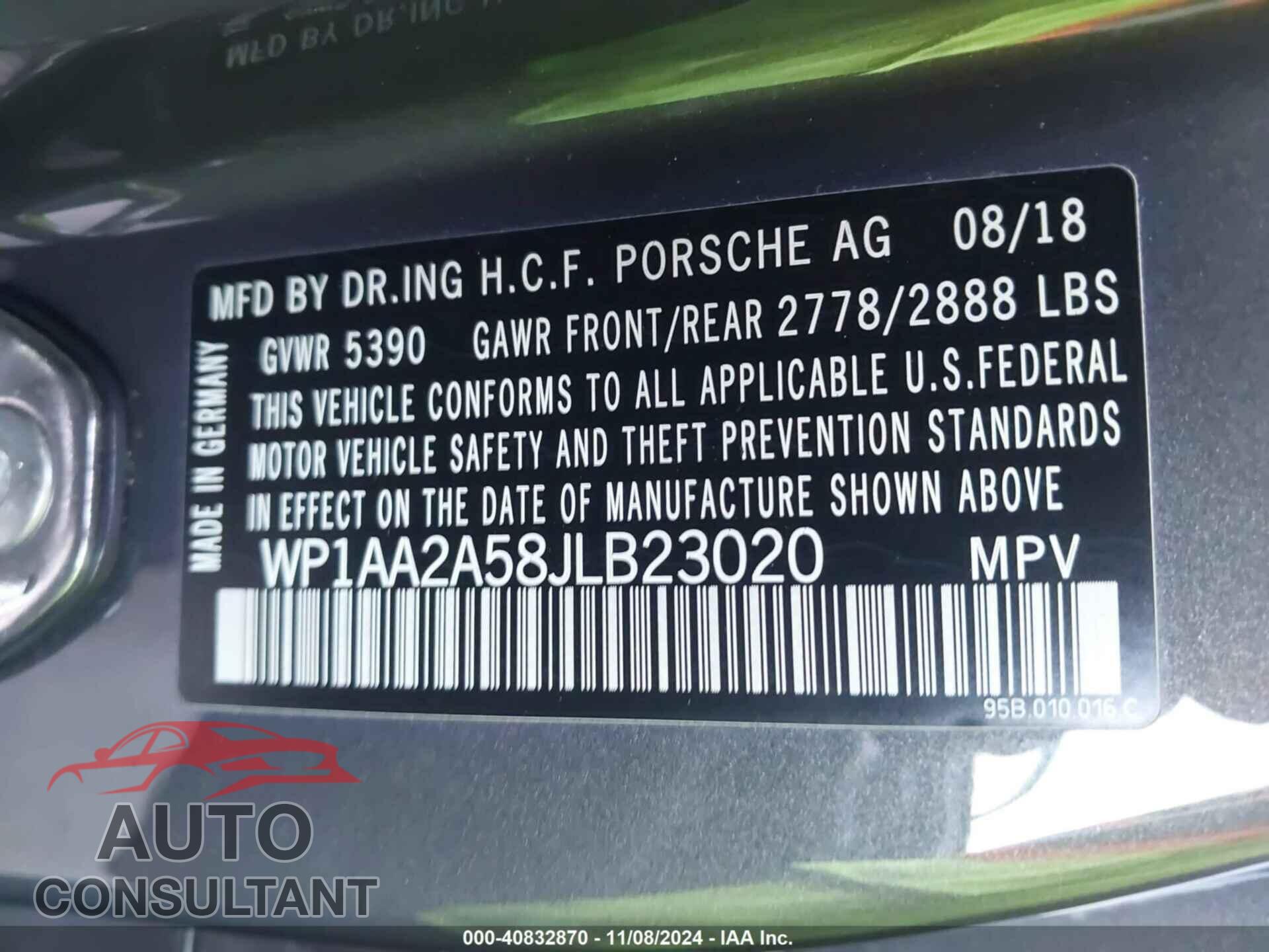 PORSCHE MACAN 2018 - WP1AA2A58JLB23020