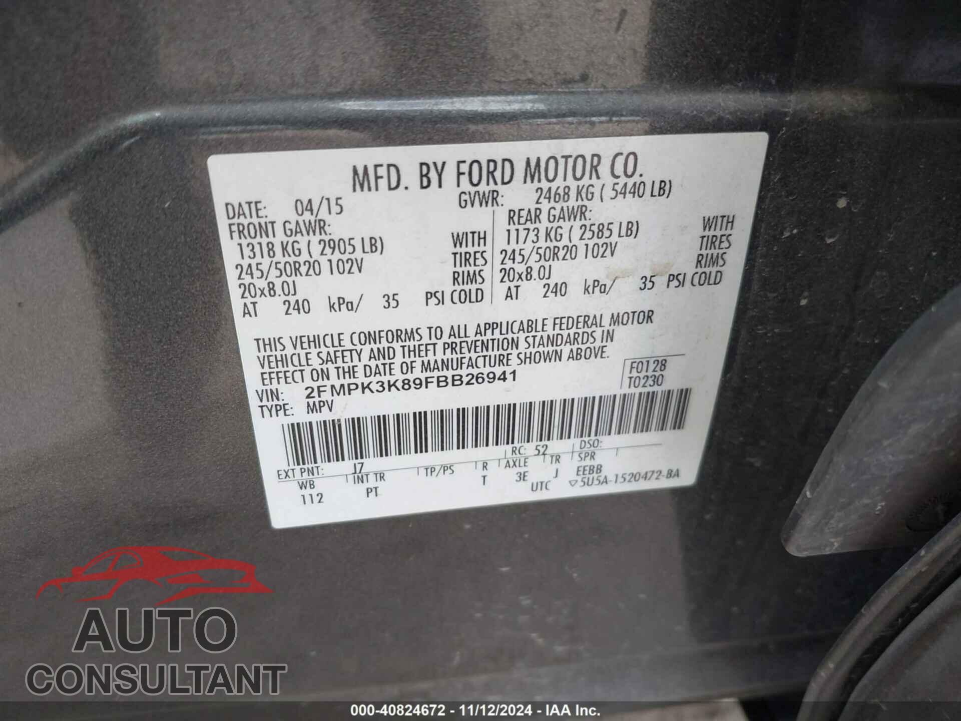 FORD EDGE 2015 - 2FMPK3K89FBB26941