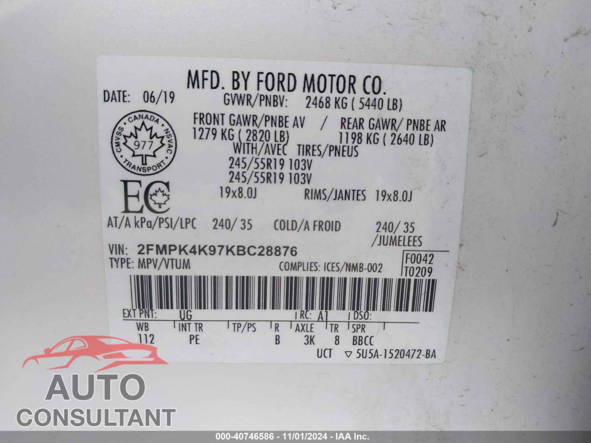 FORD EDGE 2019 - 2FMPK4K97KBC28876
