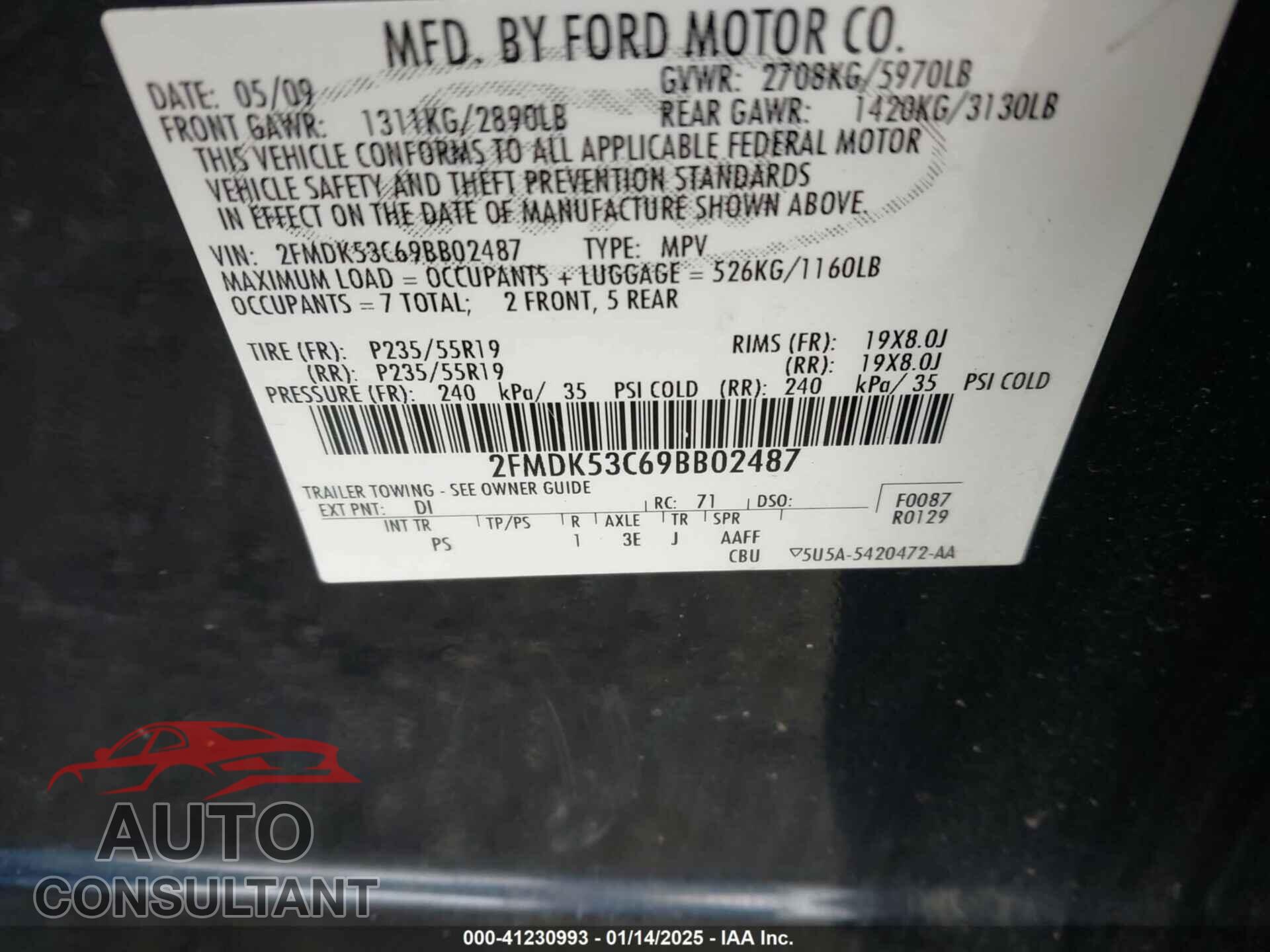 FORD FLEX 2009 - 2FMDK53C69BB02487