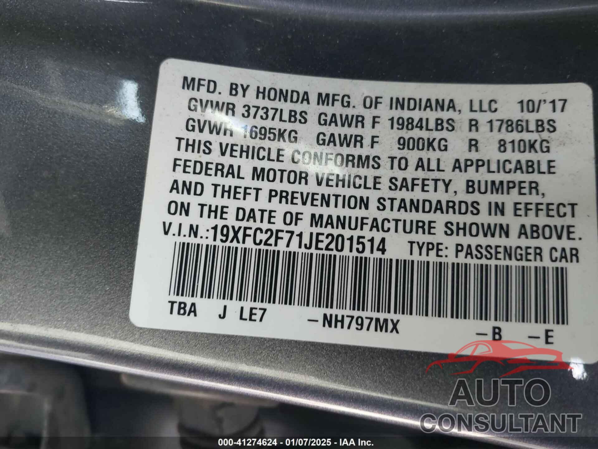 HONDA CIVIC 2018 - 19XFC2F71JE201514