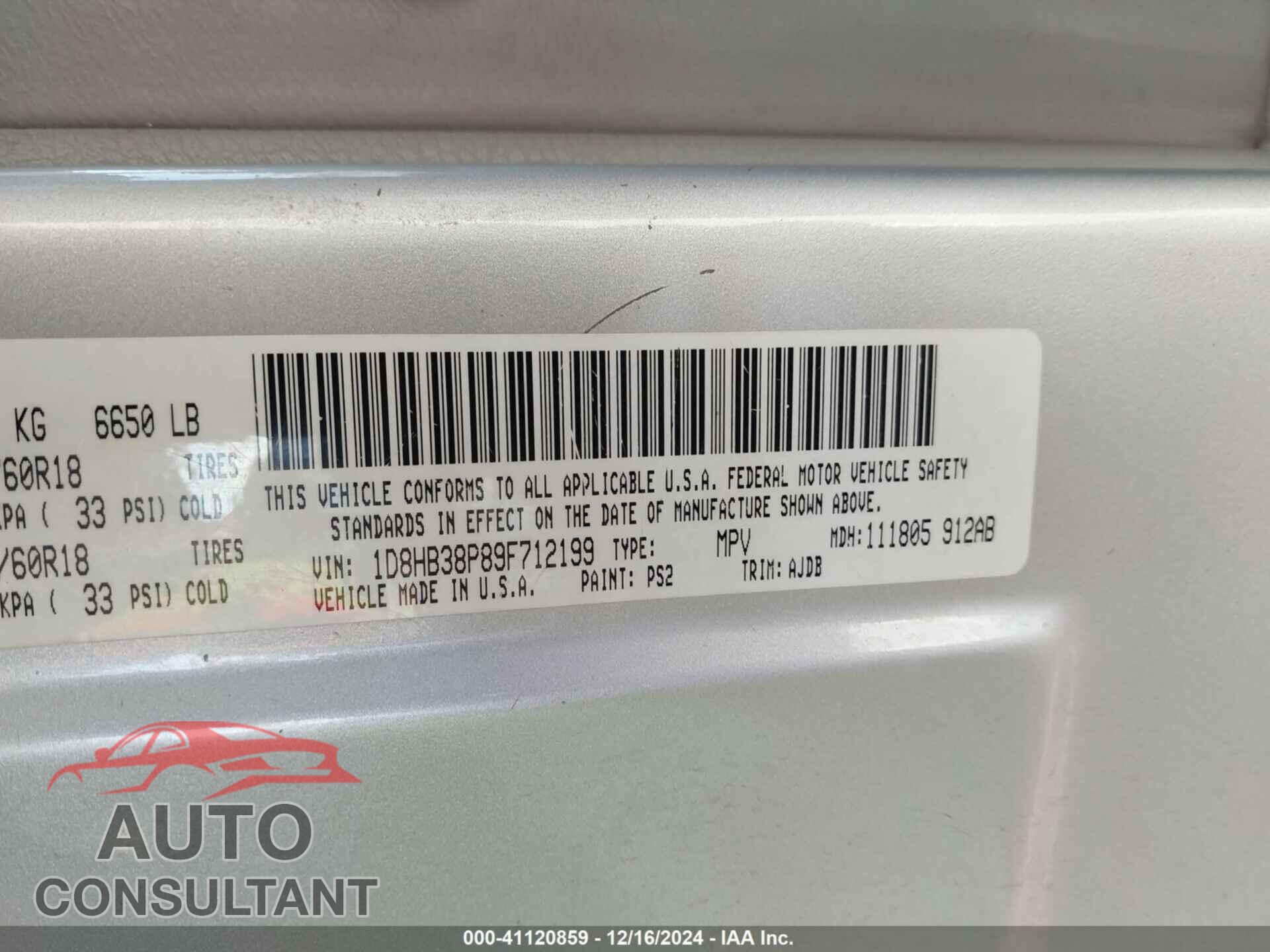 DODGE DURANGO 2009 - 1D8HB38P89F712199