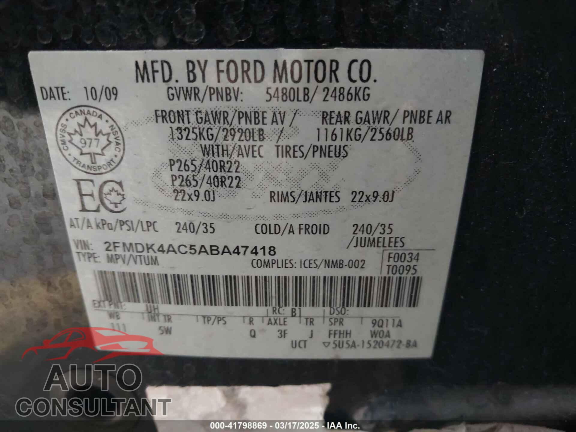 FORD EDGE 2010 - 2FMDK4AC5ABA47418