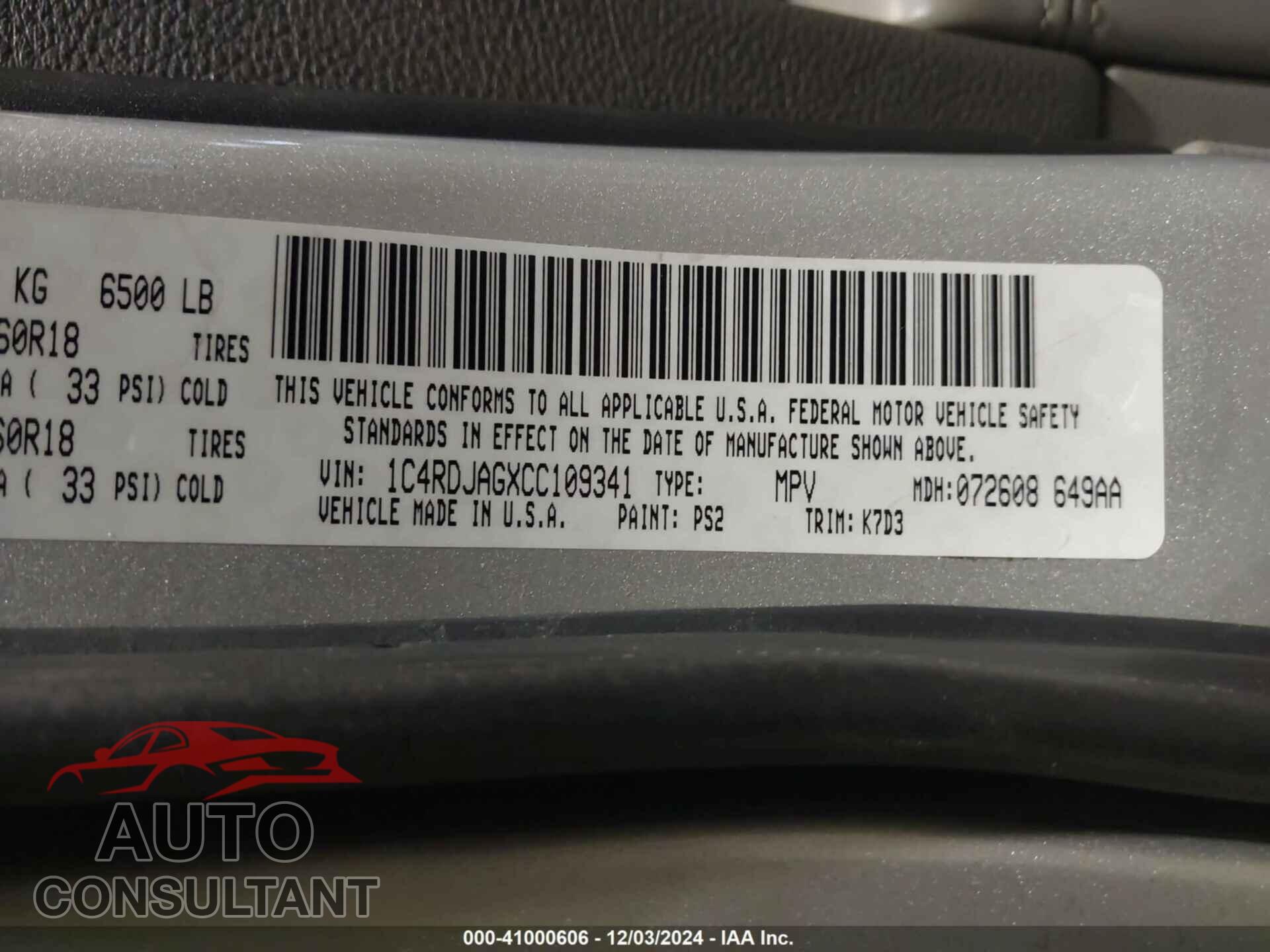 DODGE DURANGO 2012 - 1C4RDJAGXCC109341