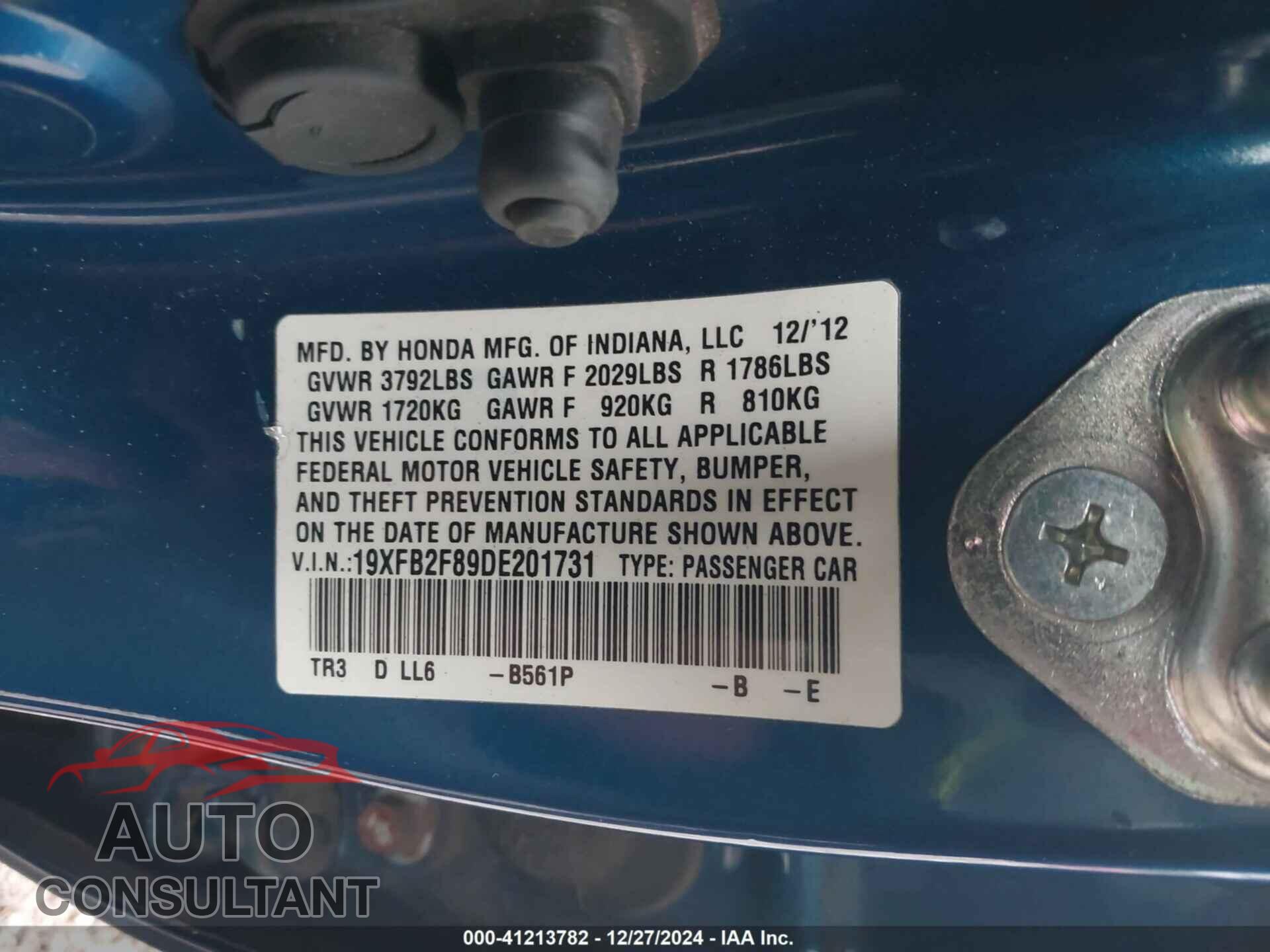 HONDA CIVIC 2013 - 19XFB2F89DE201731