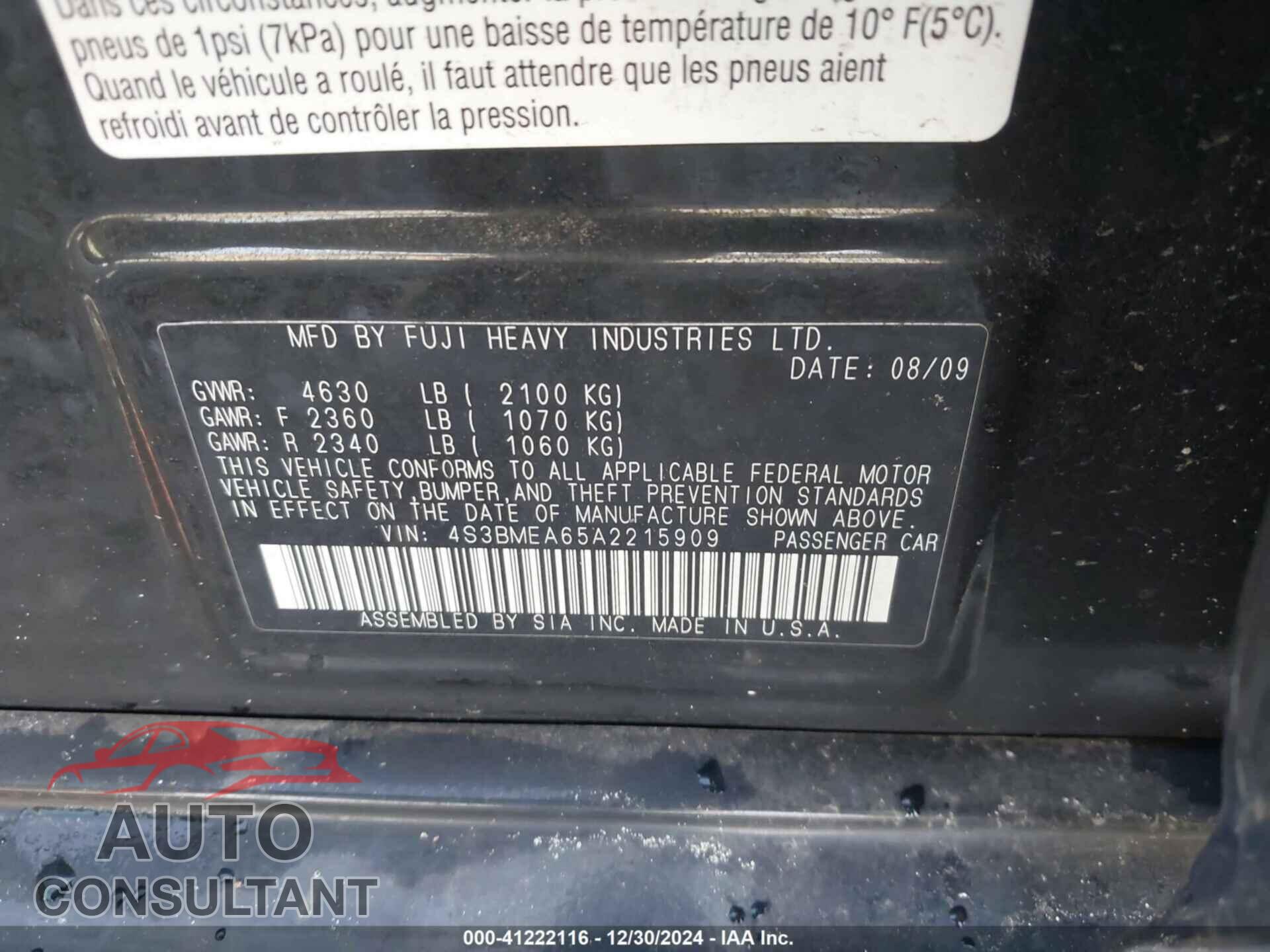SUBARU LEGACY 2010 - 4S3BMEA65A2215909