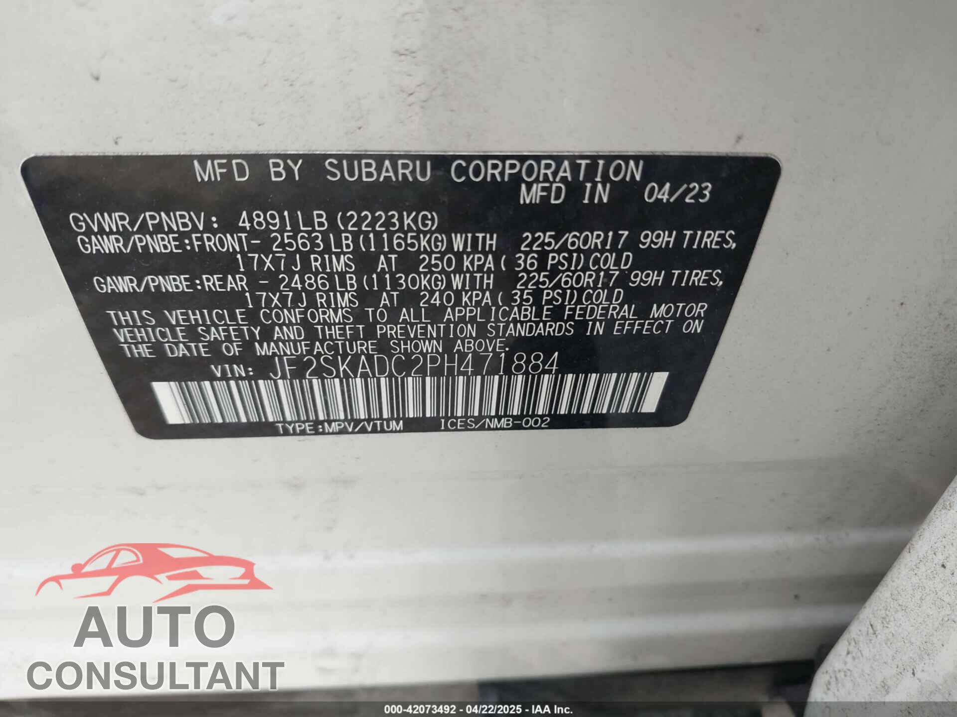 SUBARU FORESTER 2023 - JF2SKADC2PH471884