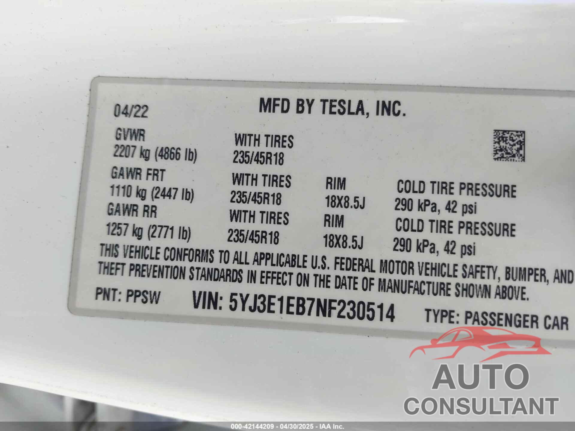 TESLA MODEL 3 2022 - 5YJ3E1EB7NF230514