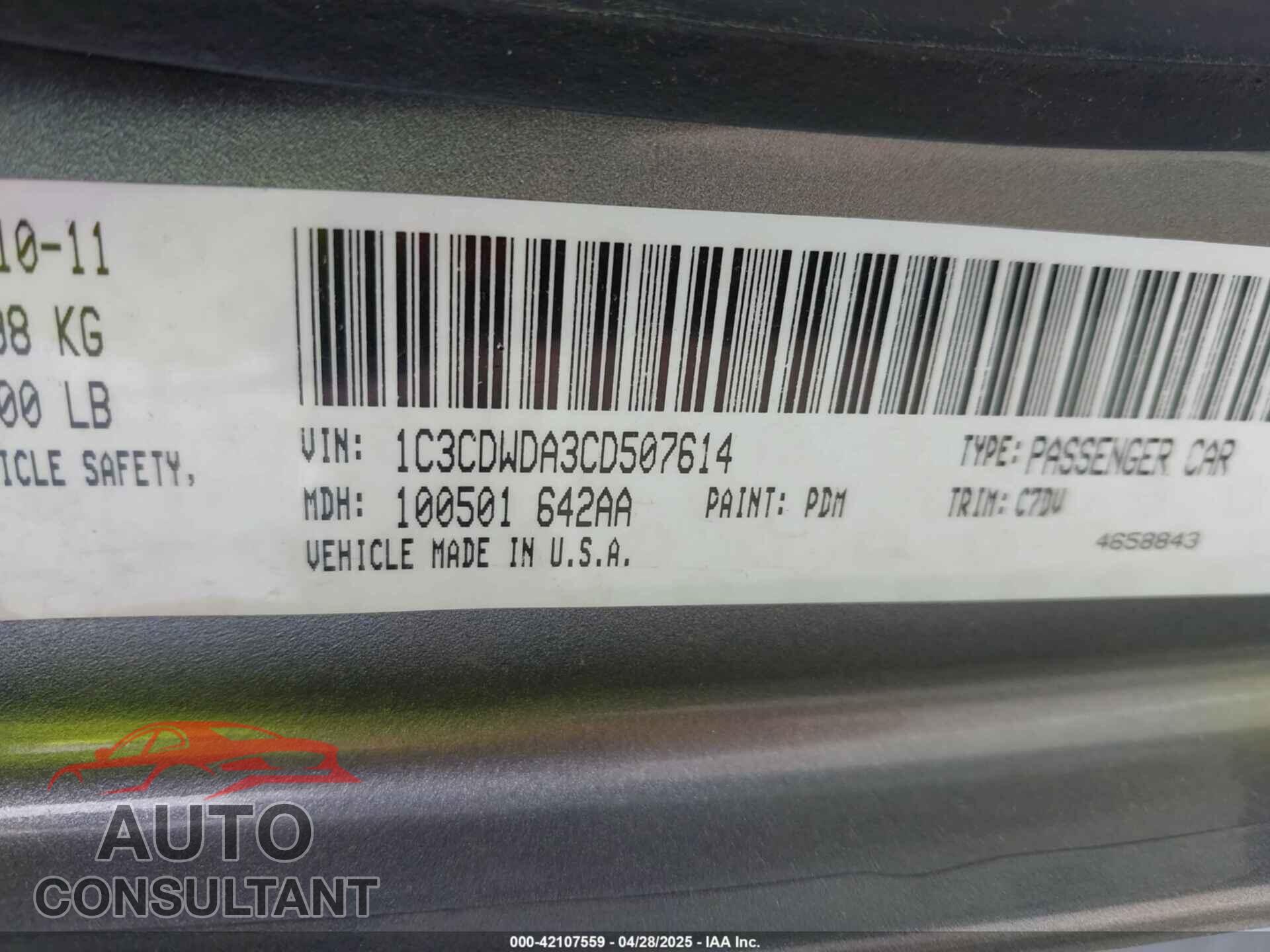 DODGE CALIBER 2012 - 1C3CDWDA3CD507614