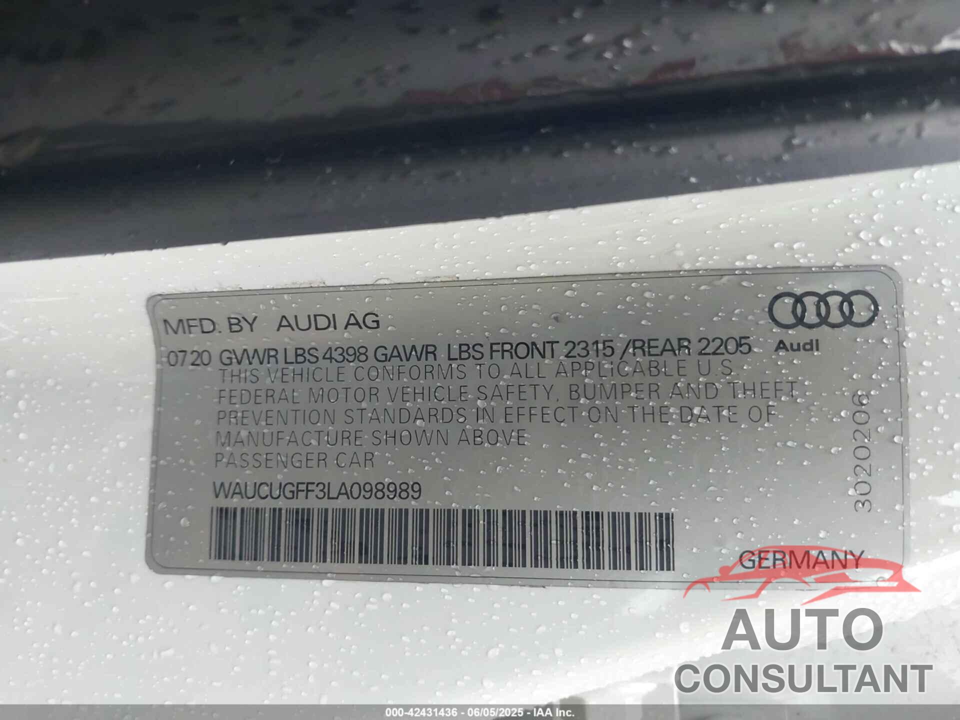 AUDI A3 2020 - WAUCUGFF3LA098989