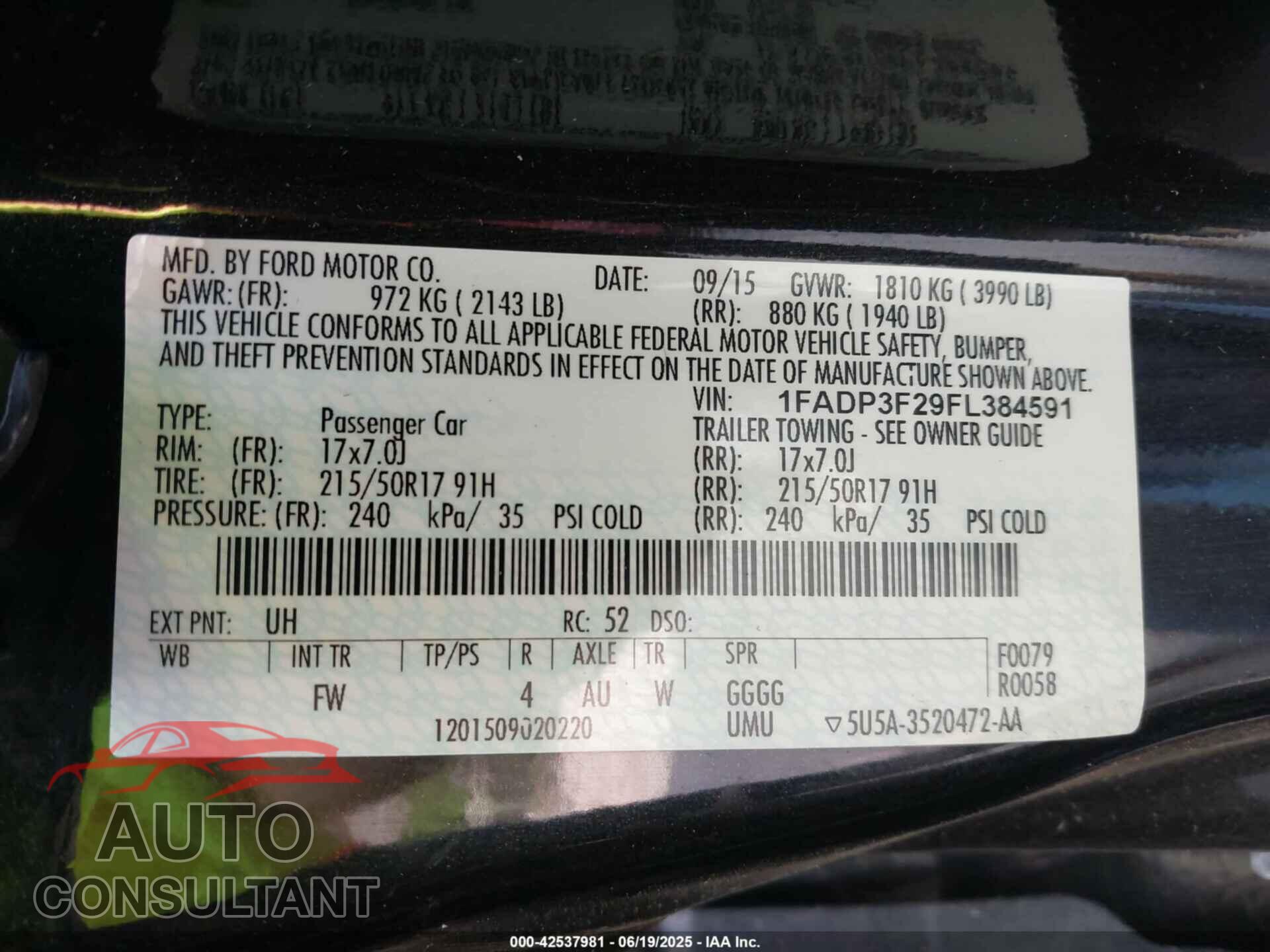 FORD FOCUS 2015 - 1FADP3F29FL384591