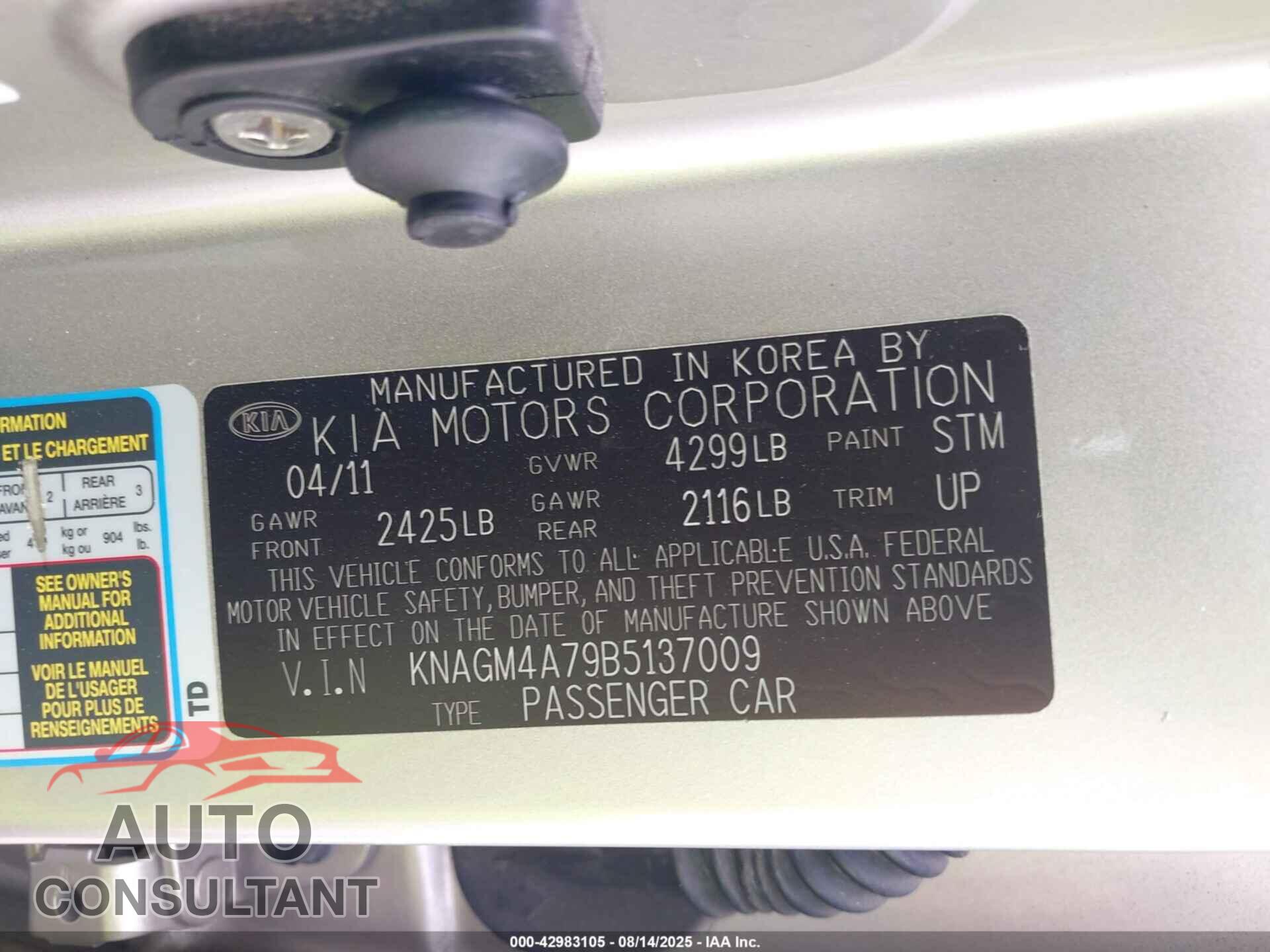 KIA OPTIMA 2011 - KNAGM4A79B5137009