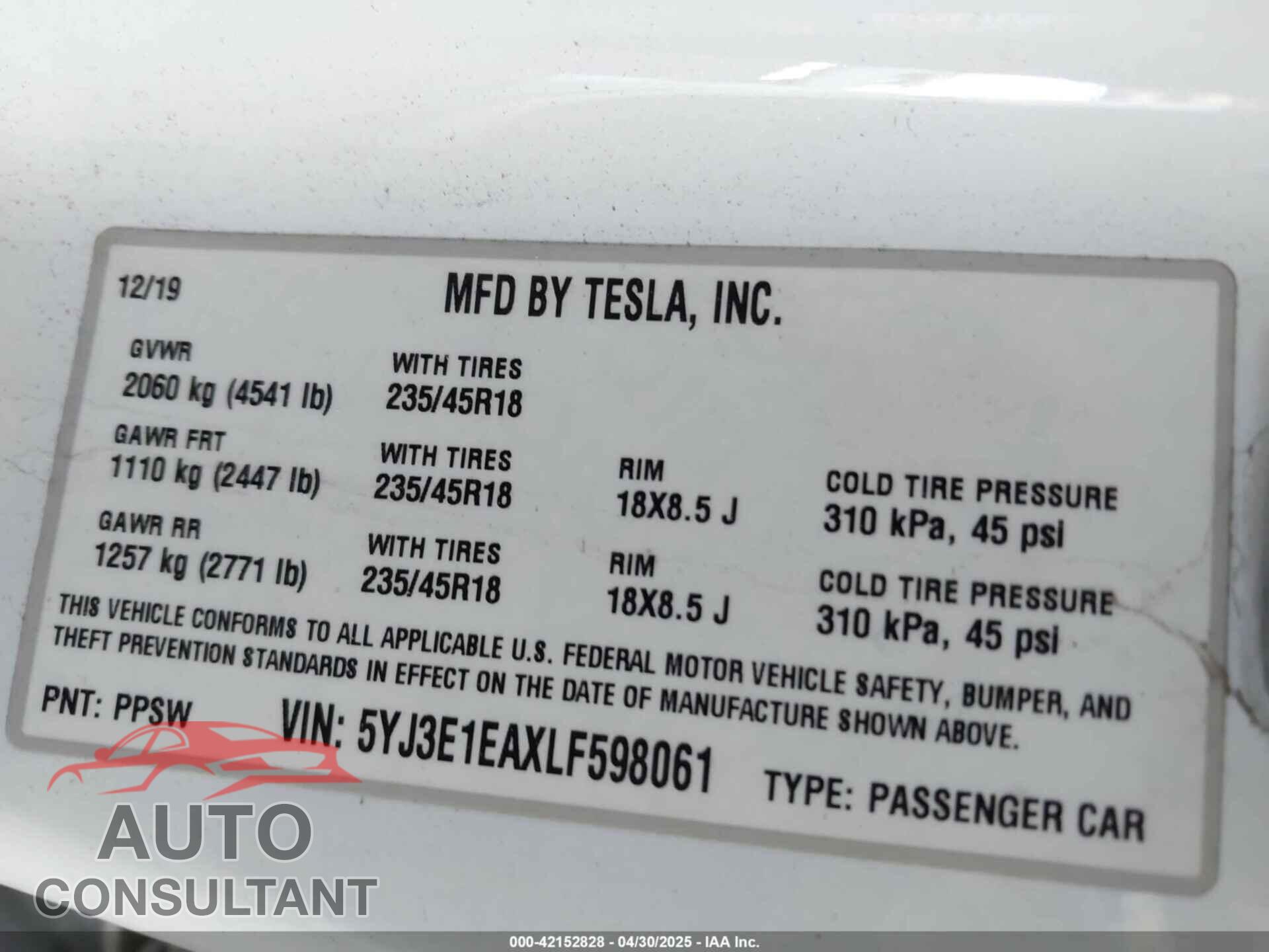 TESLA MODEL 3 2020 - 5YJ3E1EAXLF598061